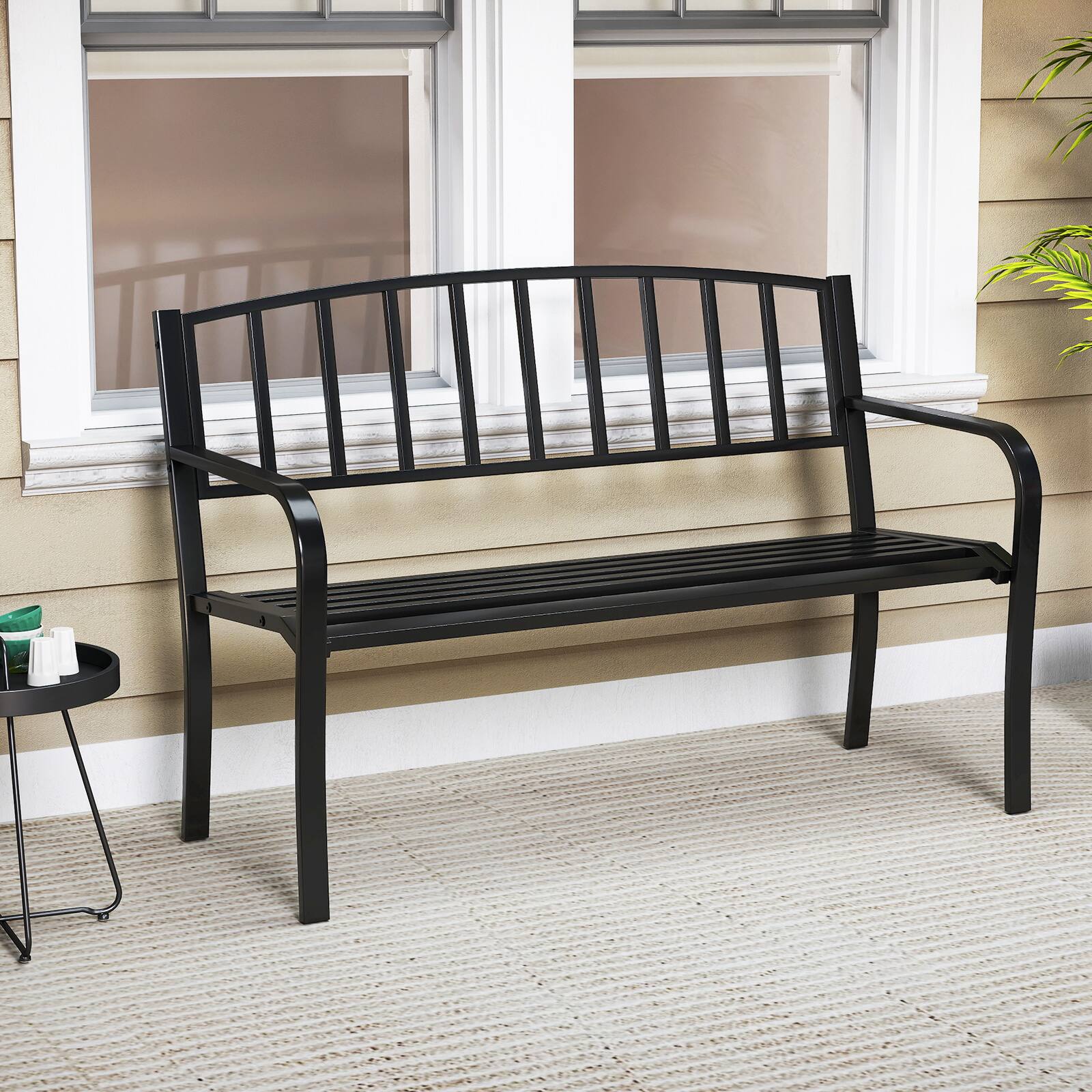 Alt View 1. Gymax - Gymax 50 Inches Garden Bench w/ Slatted Backrest & Curved Armrests for Porch - Black.