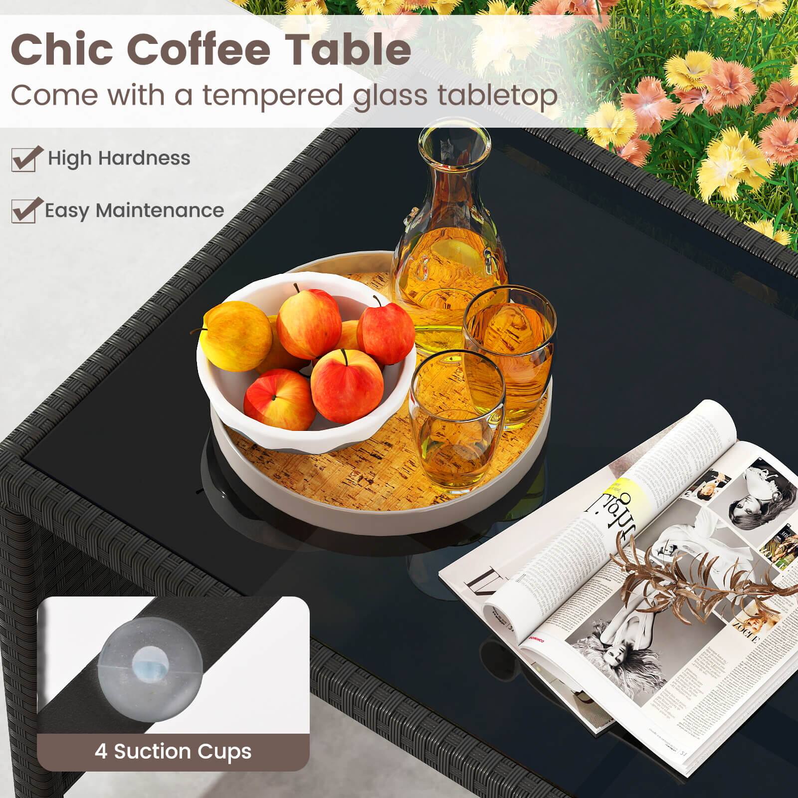 Chic Coffee Table  
Come with a tempered glass tabletop

- High Hardness
- Easy Maintenance

4 Suction Cups
