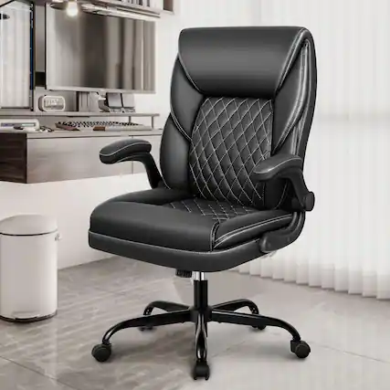 Front. KERDOM - Home Office PU Leather Desk Chair with Rocking Function, Ergonomic Computer Chair Lumbar Support Swivel Task Chair - Black.