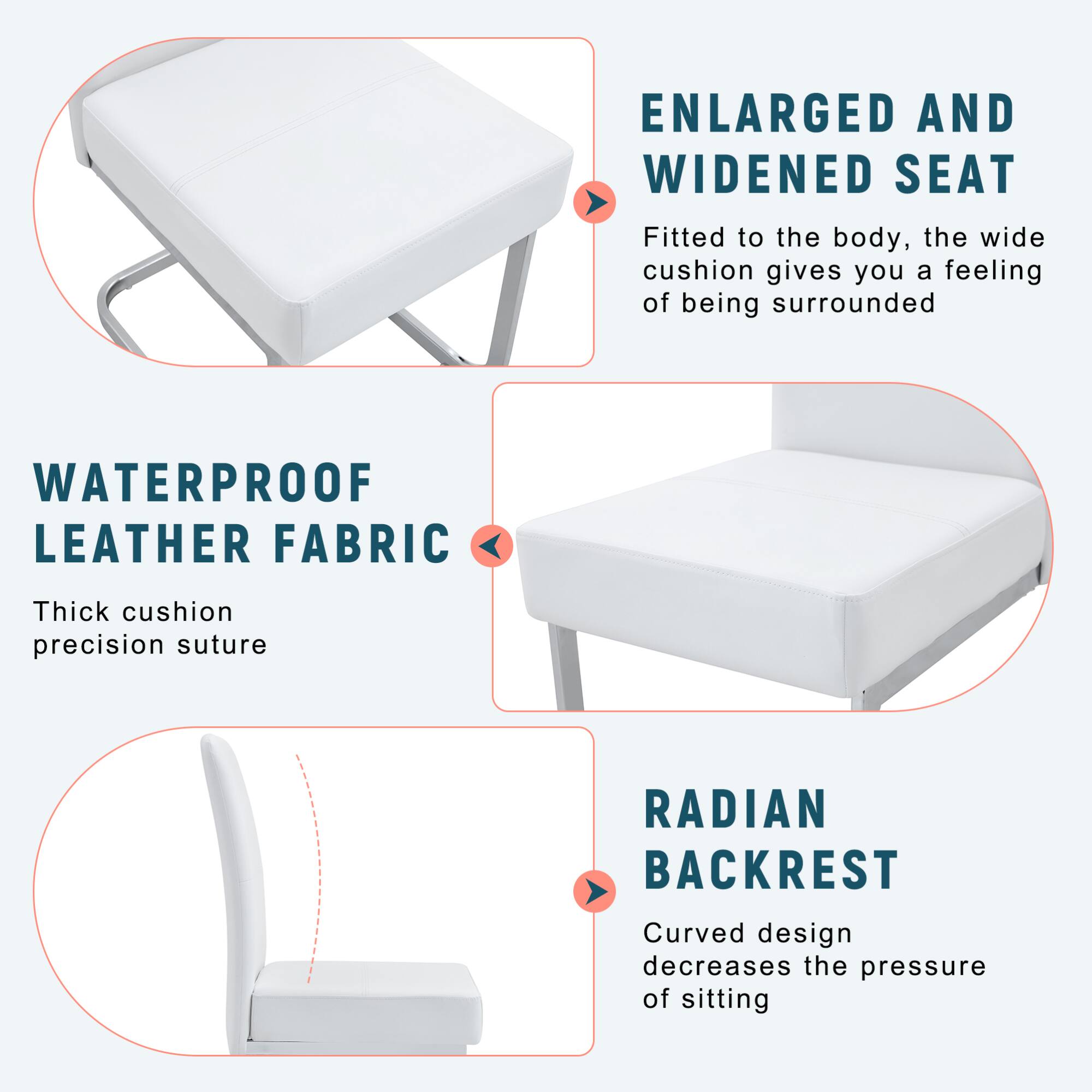 ENLARGED AND WIDENED SEAT  
Fitted to the body, the wide cushion gives you a feeling of being surrounded  

WATERPROOF LEATHER FABRIC  
Thick cushion precision suture  

RADIANT BACKREST  
Curved design decreases the pressure of sitting