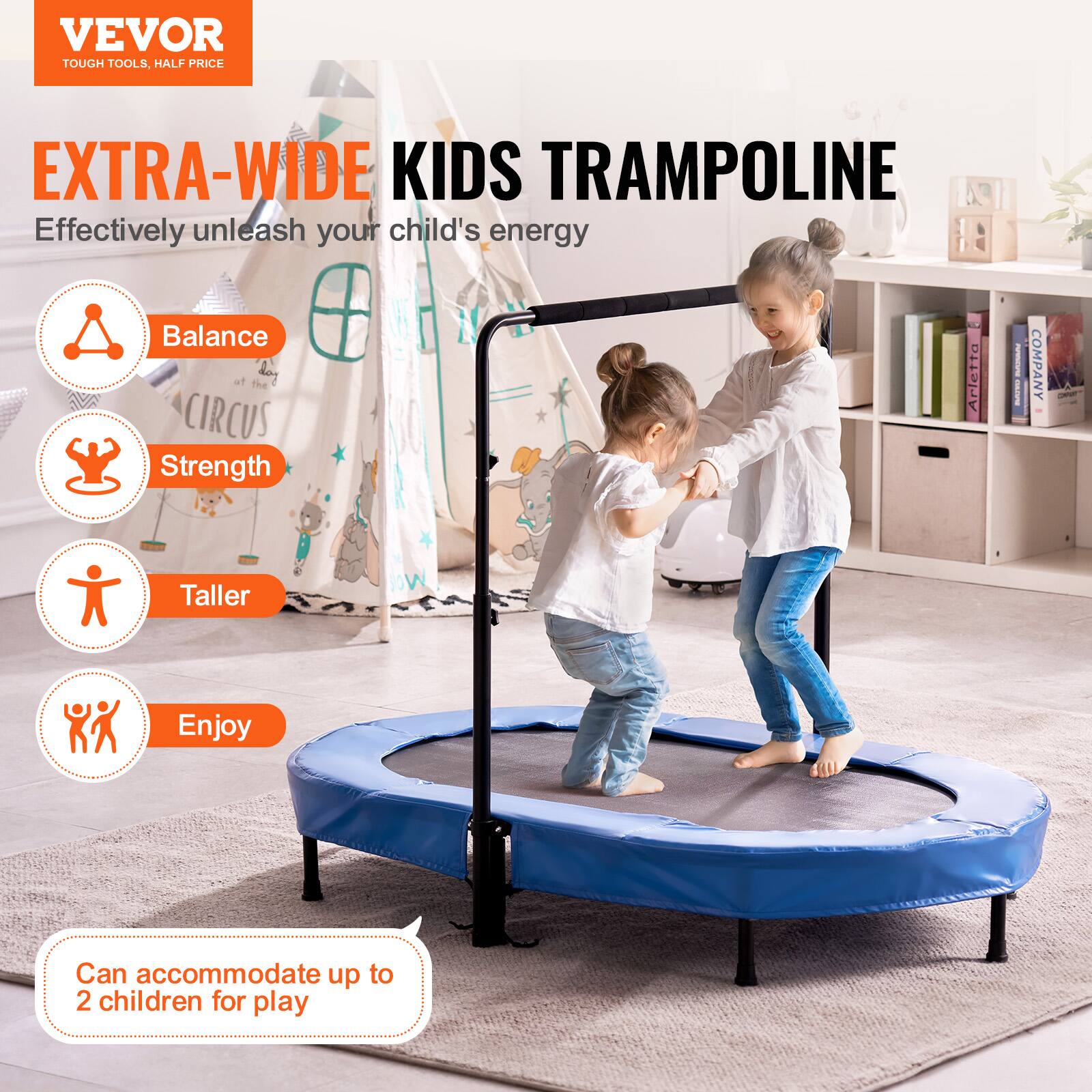 VEVOR TOUGH TOOLS, HALF PRICE EXTRA-WIDE KIDS TRAMPOLINE: Effectively unleash your child's energy. Balance, Strength, Taller, Enjoy. Can accommodate up to 2 children for play.