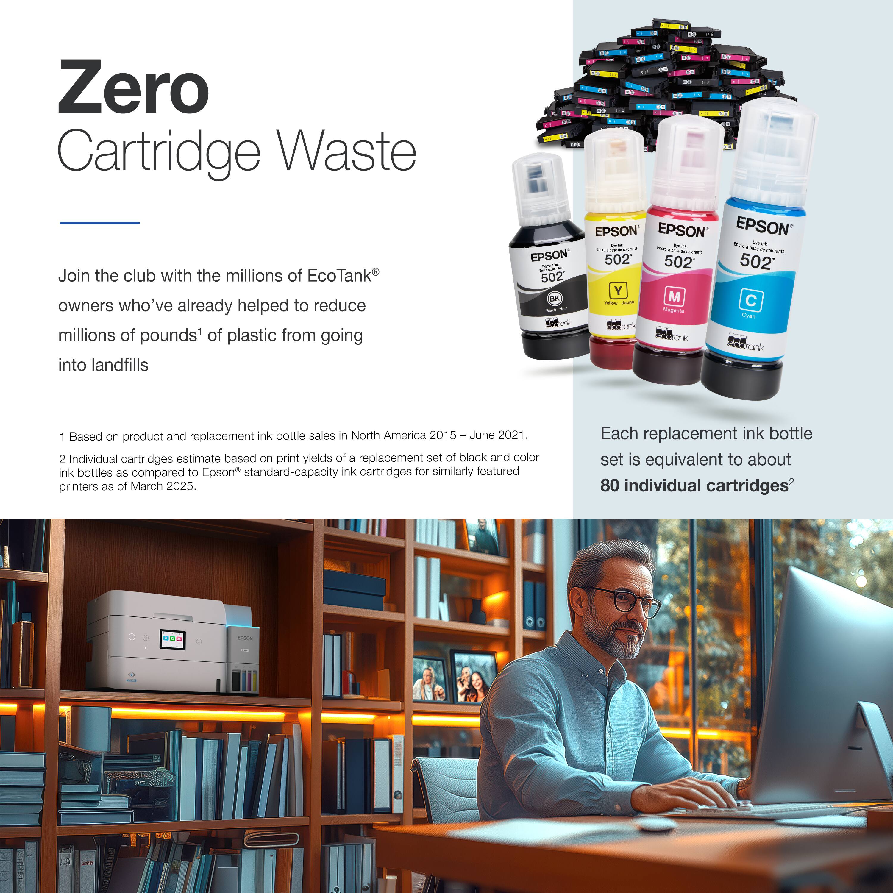 Zero Cartridge Waste

Join the club with the millions of EcoTank® owners who've already helped to reduce millions of pounds¹ of plastic from going into landfills

1 Based on product and replacement ink bottle sales in North America 2015 – June 2021.
2 Individual cartridges estimate based on print yields of a replacement set of black and color ink bottles as compared to Epson standard-capacity ink cartridges for similarly featured printers as of March 2025. Each replacement ink bottle set is equivalent to about 80 individual cartridges²

Each replacement ink bottle set is equivalent to about 80 individual cartridges²