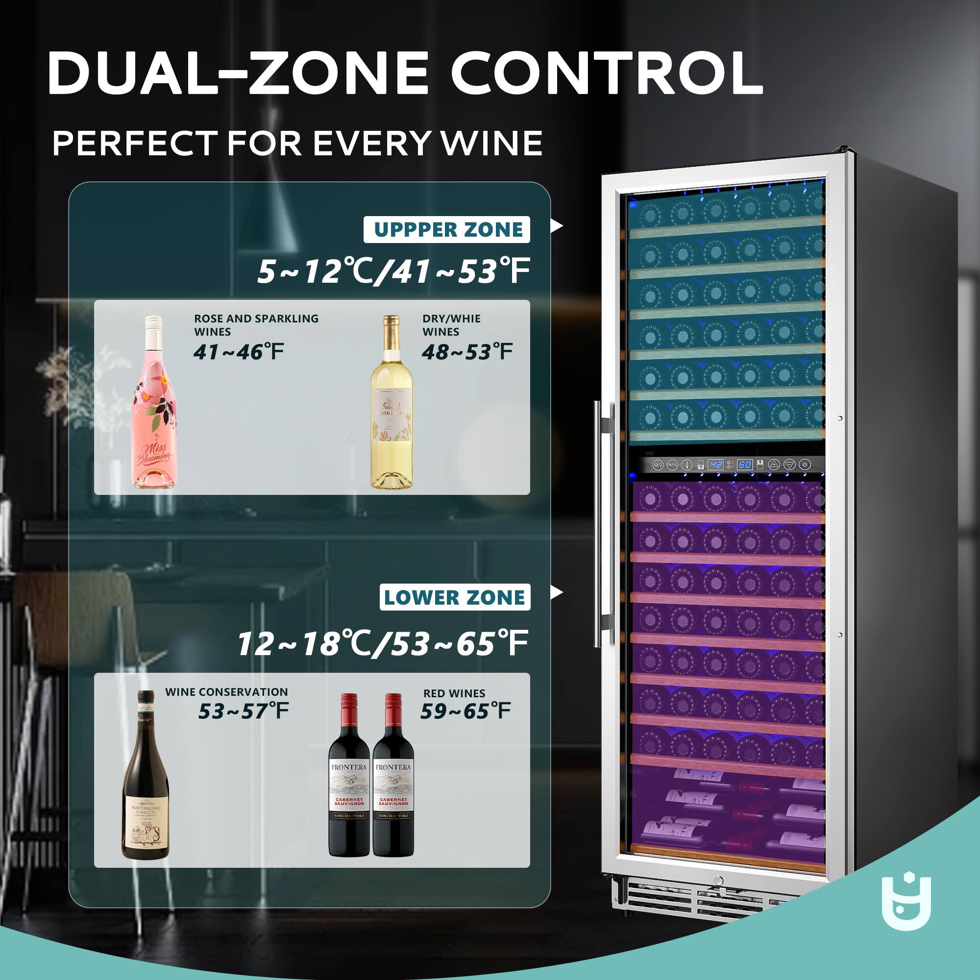 DUAL-ZONE CONTROL  
PERFECT FOR EVERY WINE  

UPPER ZONE  
5~12°C/41~53°F  

- ROSE AND SPARKLING WINES  
  41~46°F  

- DRY/WHITE WINES  
  48~53°F  

LOWER ZONE  
12~18°C/53~65°F  

- WINE CONSERVATION  
  53~57°F  

- RED WINES  
  59~65°F