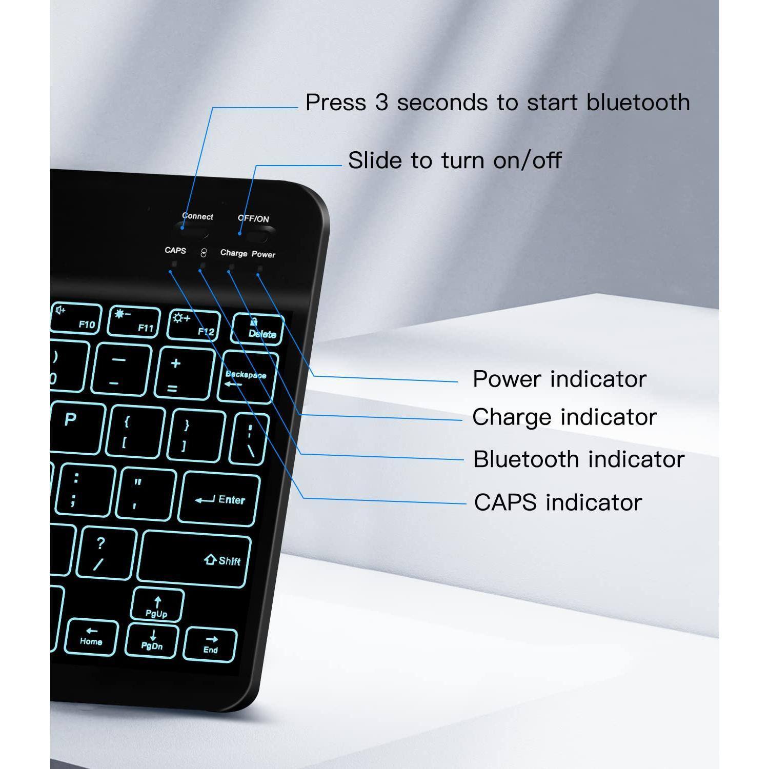 Press 3 seconds to start Bluetooth  
Slide to turn on/off  

Connect  
OFF/ON  

CAPS  
Charge Power  

Power indicator  
Charge indicator  
Bluetooth indicator  
CAPS indicator
