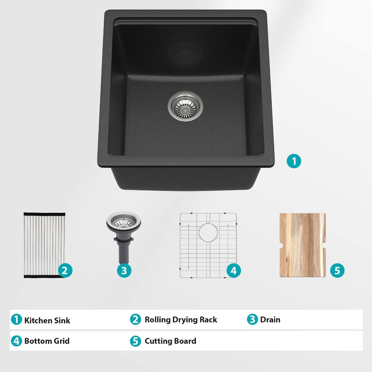 1 Kitchen Sink
2 Rolling Drying Rack
3 Drain
4 Bottom Grid
5 Cutting Board