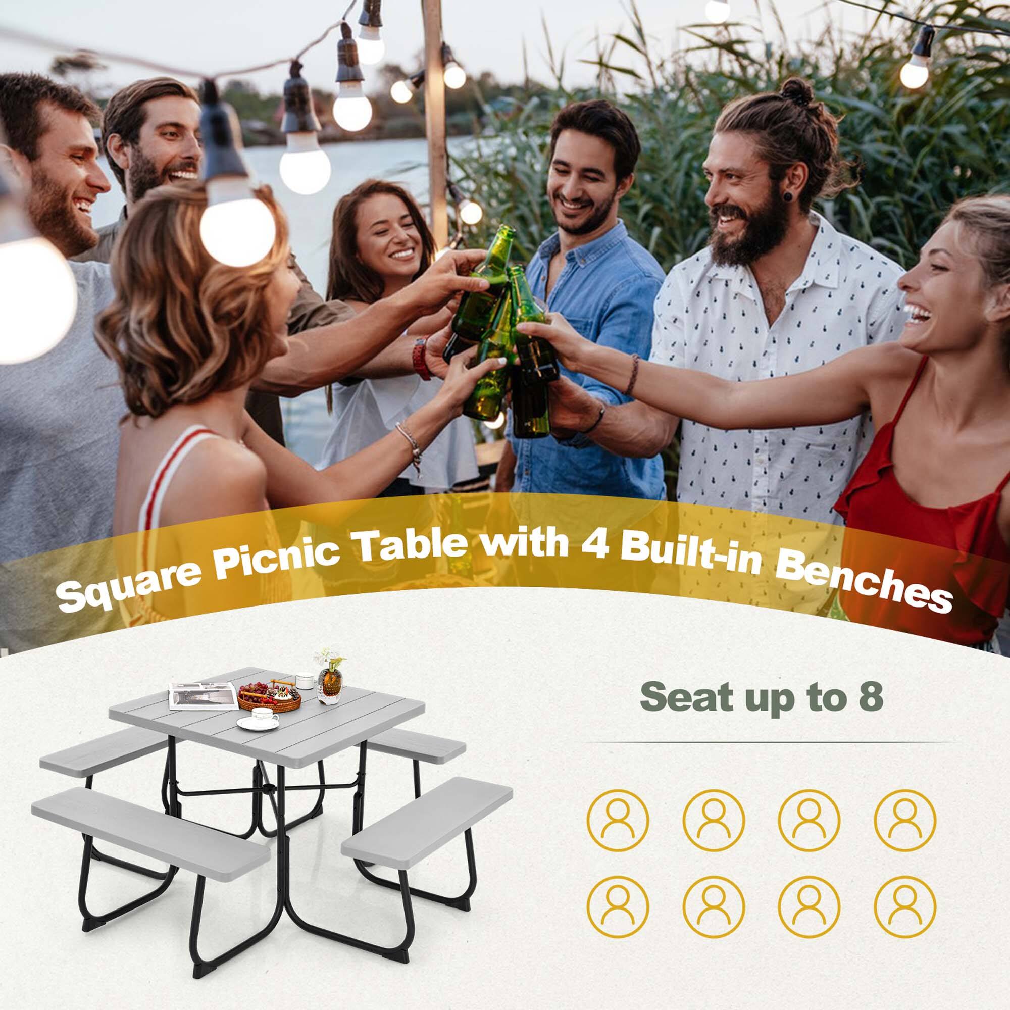 Square Picnic Table with 4 Built-in Benches
Seat up to 8