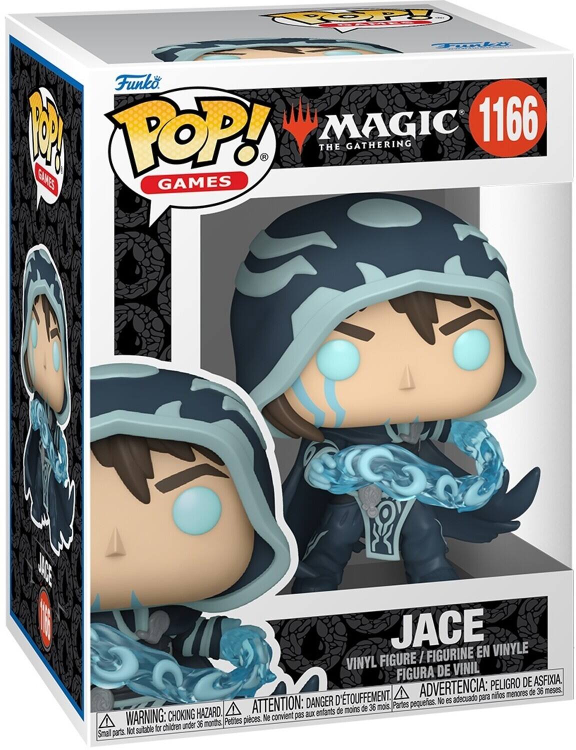 POP! GAMES  
Funko  
MAGIC THE GATHERING  
1166  

JACE  
VINYL FIGURE / FIGURINE EN VINYLE / FIGURA DE VINIL  

WARNING: CHOKING HAZARD.  
ATTENTION: DANGER D'ÉTOUFFEMENT.  
ADVERTENCIA: PELIGRO DE ASFIXIA.  
Small parts. Not suitable for children under 36 months.  
Petites pièces. Ne convient pas aux enfants de moins de 36 mois.  
Partes pequeñas. No es adecuado para niños menores de 36 meses.