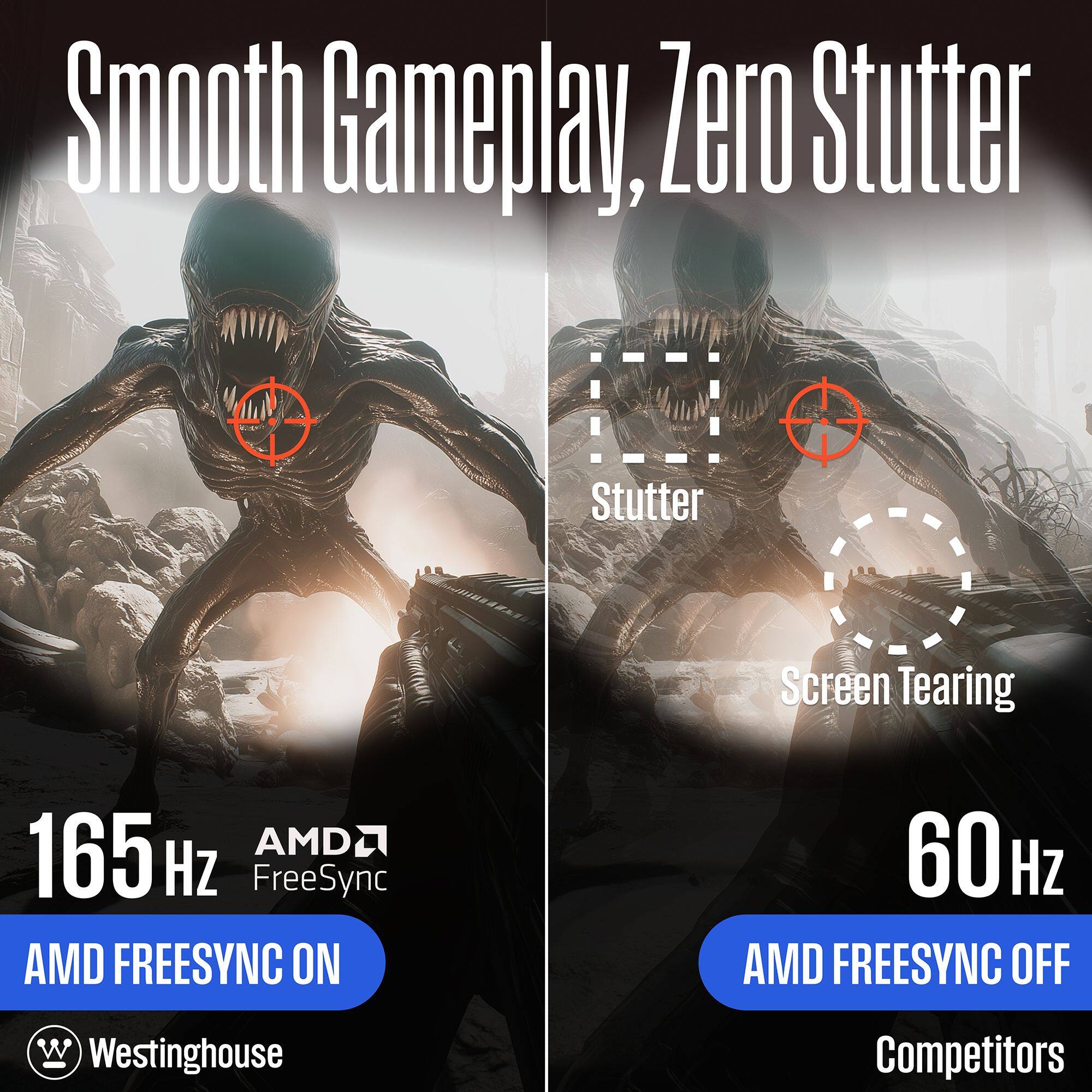 Smooth Gameplay, Zero Stutter, Screen Tearing 165 HZ AMD FreeSync, AMD FreeSync On 60 HZ, AMD FreeSync Off, Westinghouse Competitors.