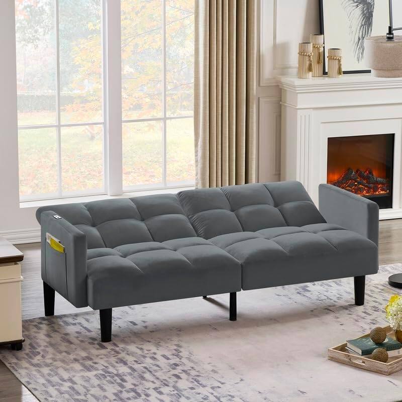 Alt View 4. Trinkets Crazed - Velvet Futon Couch Convertible Folding Sofa Bed Tufted Couch for Apartment  - gray.