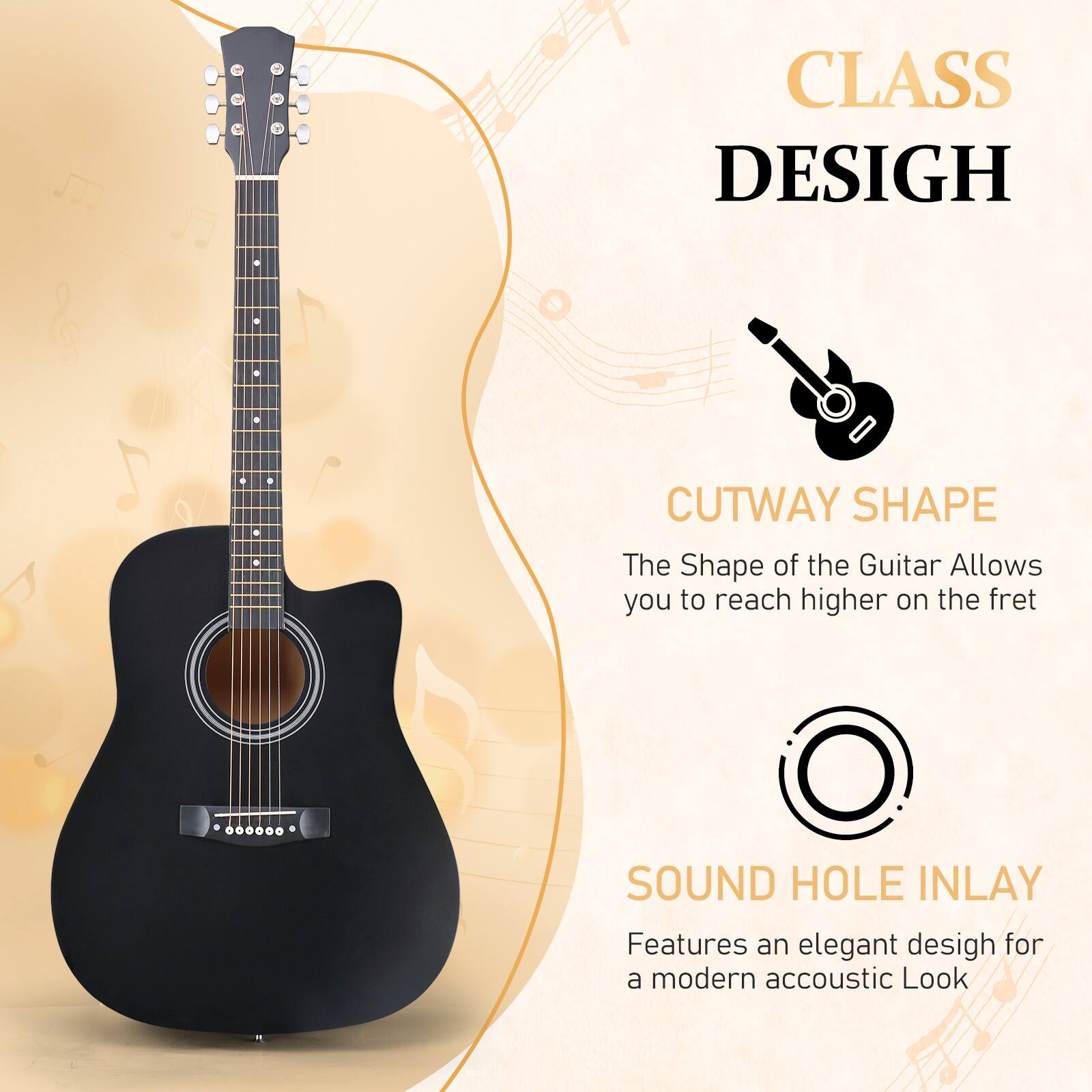 CLASS DESIGN  
CUTWAY SHAPE  
The Shape of the Guitar Allows you to reach higher on the fret  

SOUND HOLE INLAY  
Features an elegant design for a modern acoustic Look