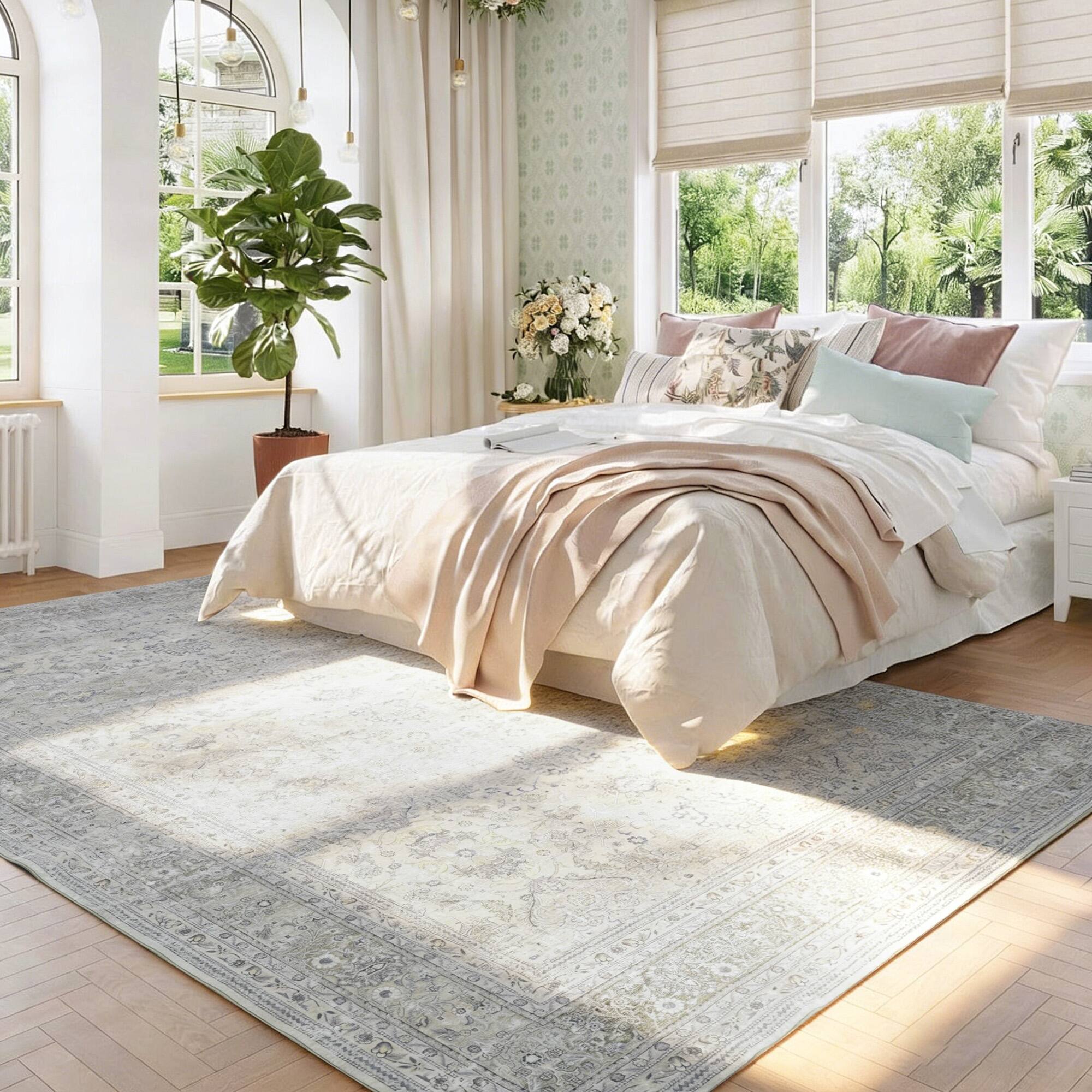 Left. RYHNUYNE - 9x12 Gray Washable Area Rug, Modern Traditional Stain Resistant Distressed Carpet, Soft Thin Rug for Dining Room Office - gray.