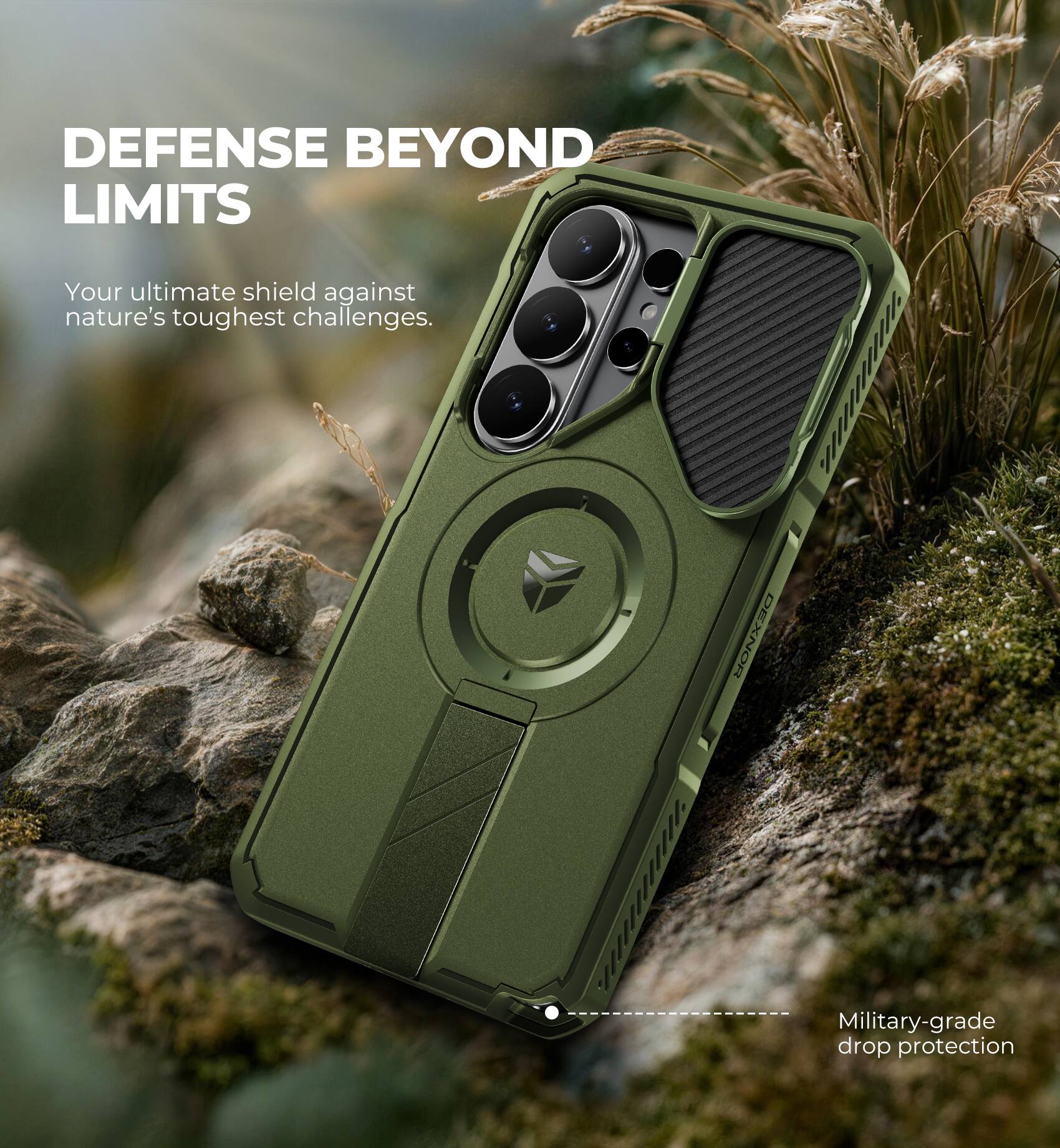 DEFENSE BEYOND LIMITS  
Your ultimate shield against nature's toughest challenges.  
Military-grade drop protection