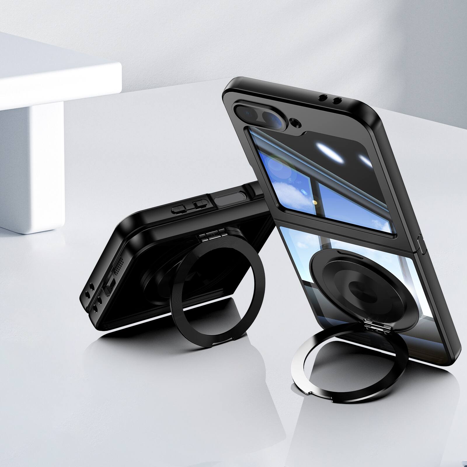 Alt View 4. Dteck - Magnetic Case for Samsung Galaxy Z Flip6 with Built-in Lens Protector, 360° Rotating Ring Stand Clear Shockproof Cover - Black.