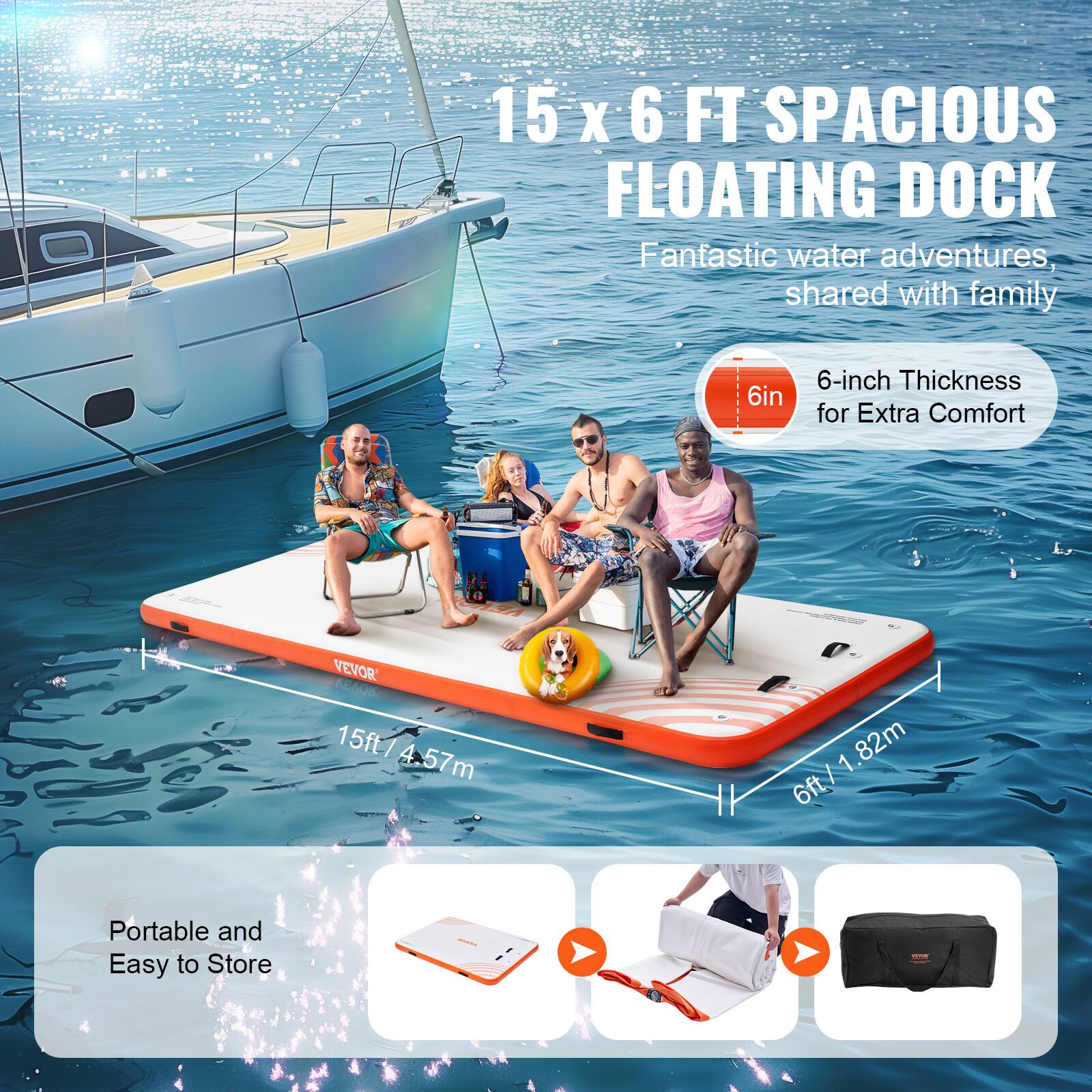 15 x 6 FT SPACIOUS FLOATING DOCK  
Fantastic water adventures, shared with family  

6-inch Thickness for Extra Comfort  

15ft / 4.57m  
6ft / 1.82m  

Portable and Easy to Store