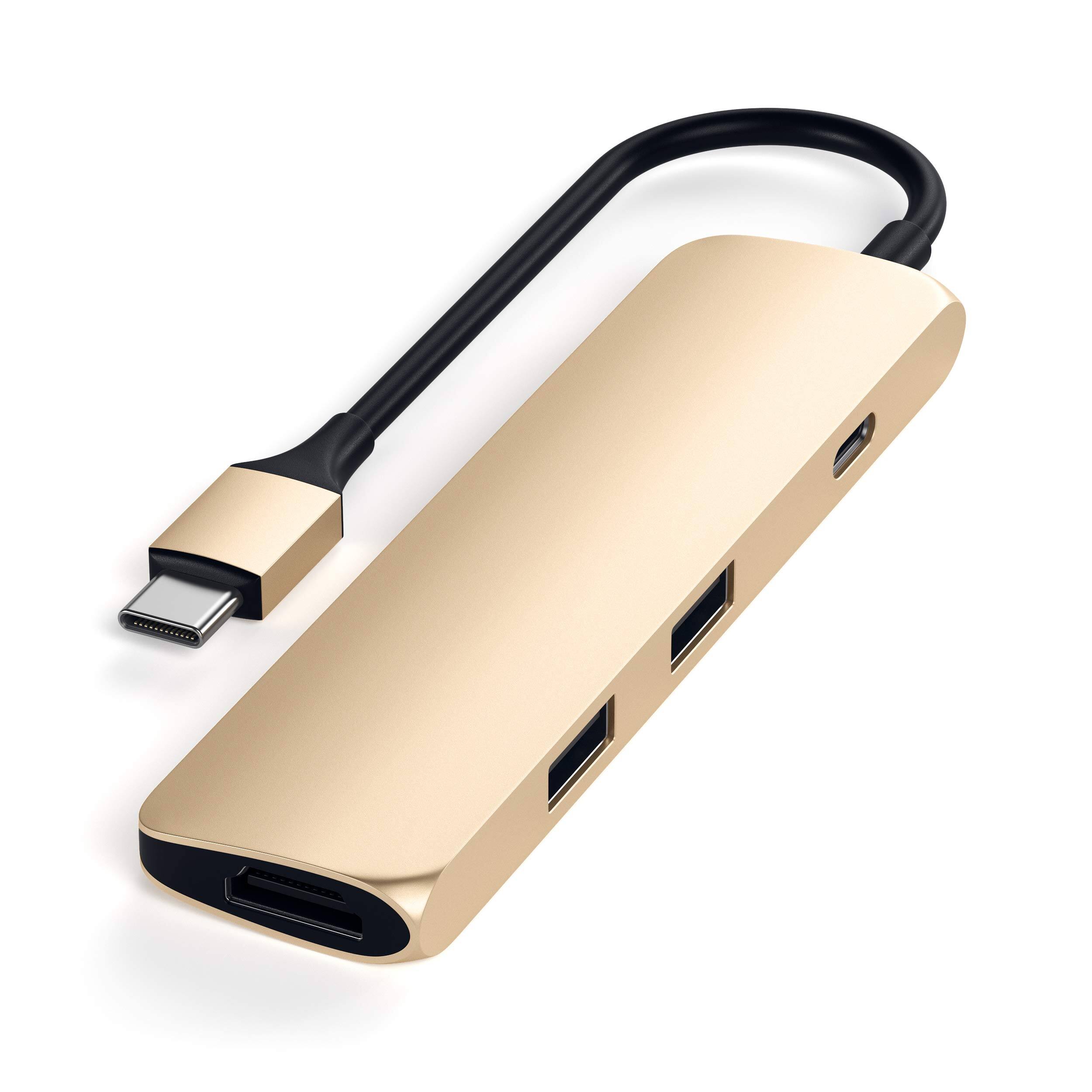 Angle. Satechi - USB-C Multiport Adapter Slim Classic - 4K HDMI, 60W PD Charging, 2 USB-A for MacBook Air/Pro, Dell, HP - Gold.