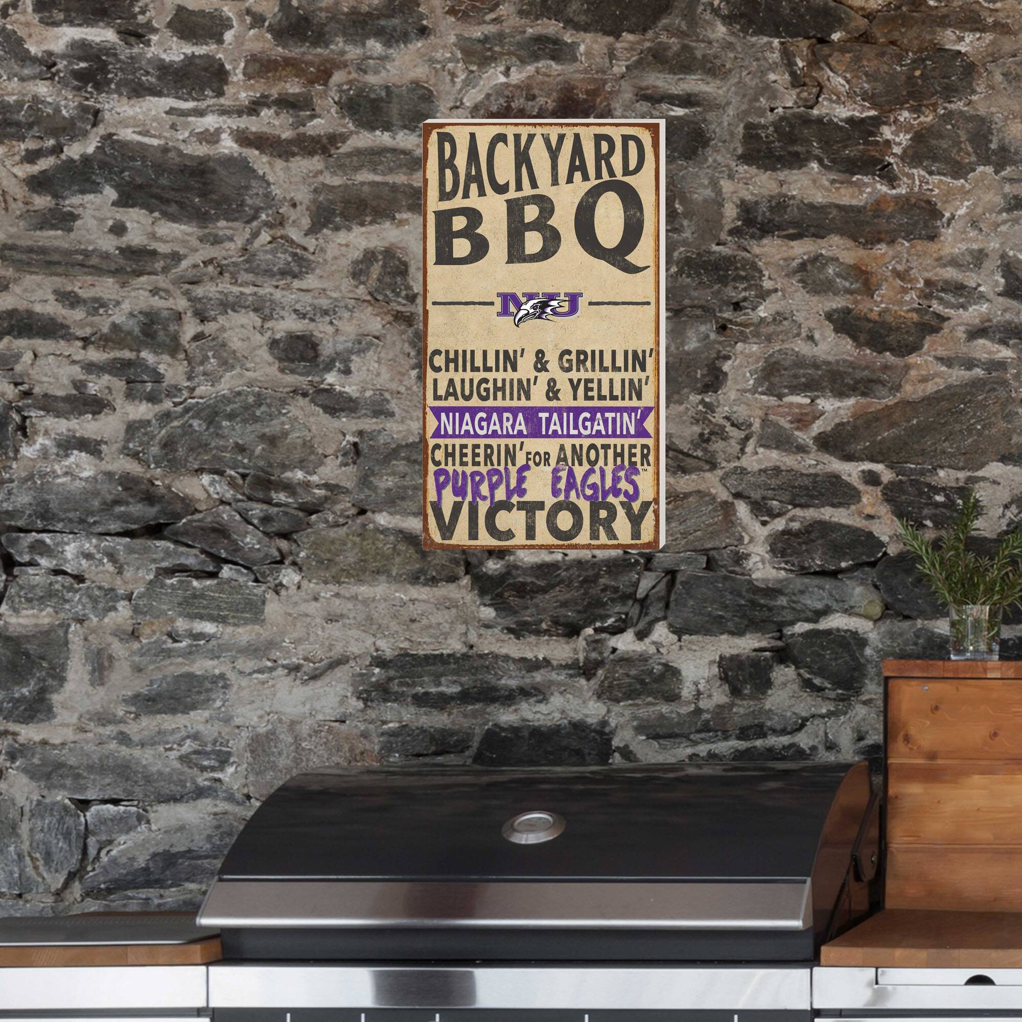 BACKYARD BBQ  
NJ  
CHILLIN' & GRILLIN'  
LAUGHIN' & YELLIN'  
NIAGARA TAILGATIN'  
CHEERIN' FOR ANOTHER  
PURPLE EAGLES VICTORY