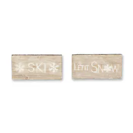BreeBe - Wood Ski and Snow Sentiment Block with White Washed Design (Set of 2) - Brown, White