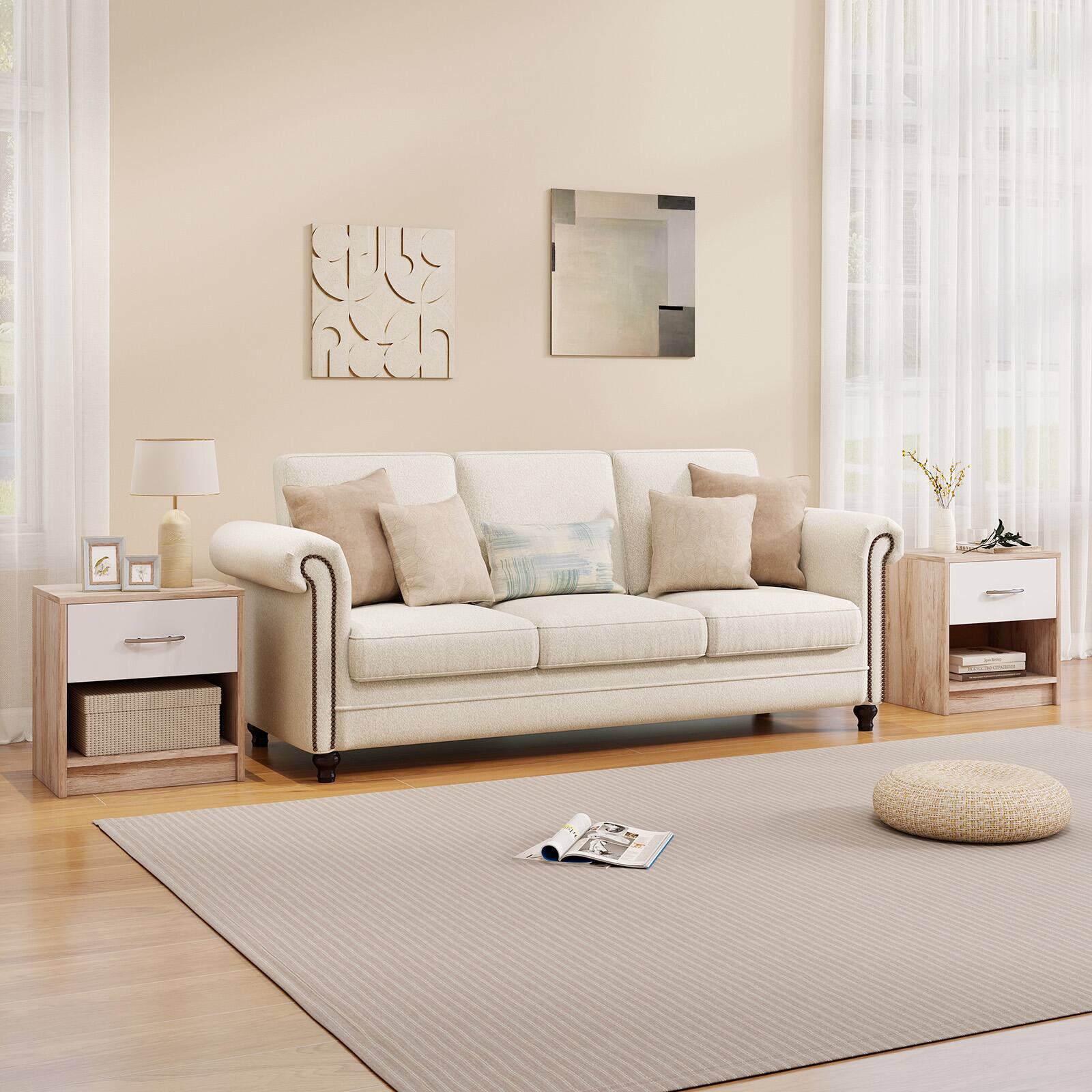 Alt View 3. Gymax - Gymax 2 PCS Nightstand w/ Drawer Side Table w/ Slide-out Drawer Open Storage Shelf Oak & White - Yellow.