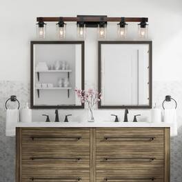 LUCKY ONE - 42in Rustic 6-Light Vanity Light, Industrial Farmhouse Bathroom Sconce with Wood Accent - Walnut