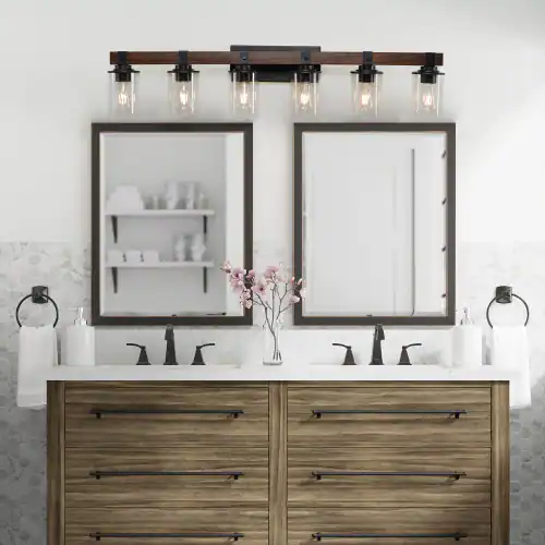 Front. LUCKY ONE - 42in Rustic 6-Light Vanity Light, Industrial Farmhouse Bathroom Sconce with Wood Accent - Walnut.