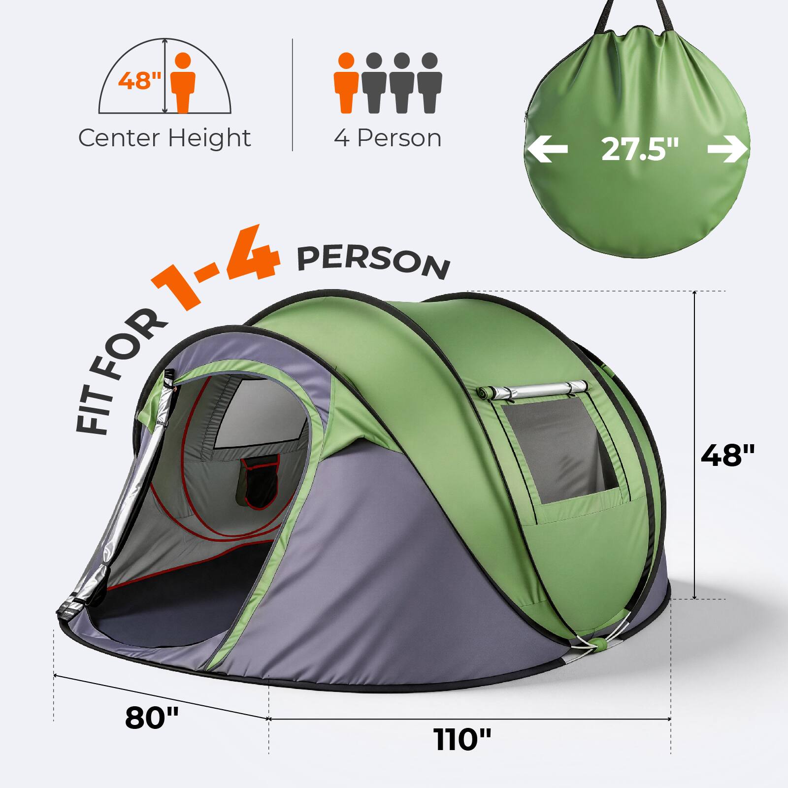 48" Center Height  
4 Person  
FIT FOR 1-4 PERSON  
27.5"  
48"  
80"  
110"