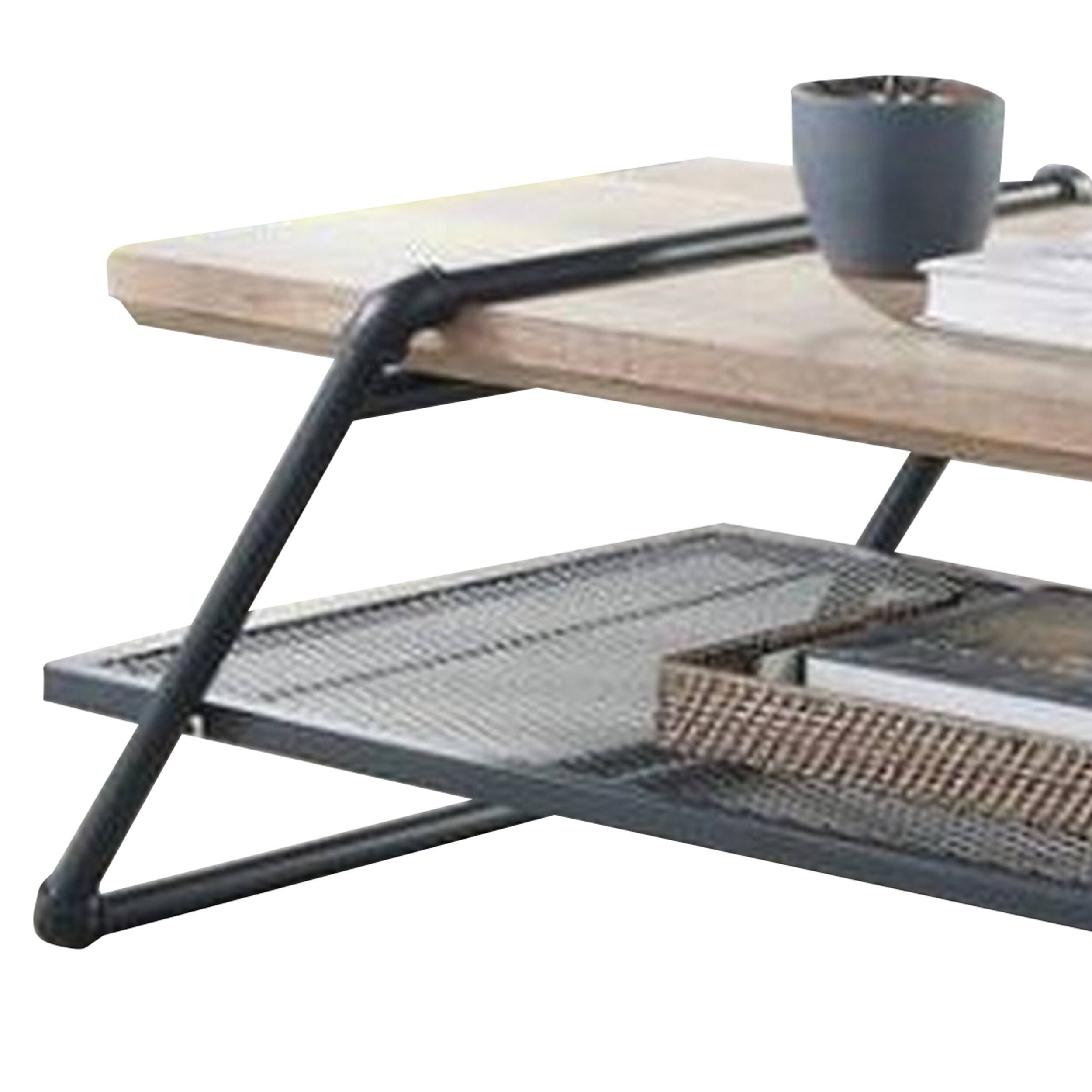 Alt View 2. Manhattan Lane - Coffee Table with Wooden Top and Mesh Shelf - Brown and Black.