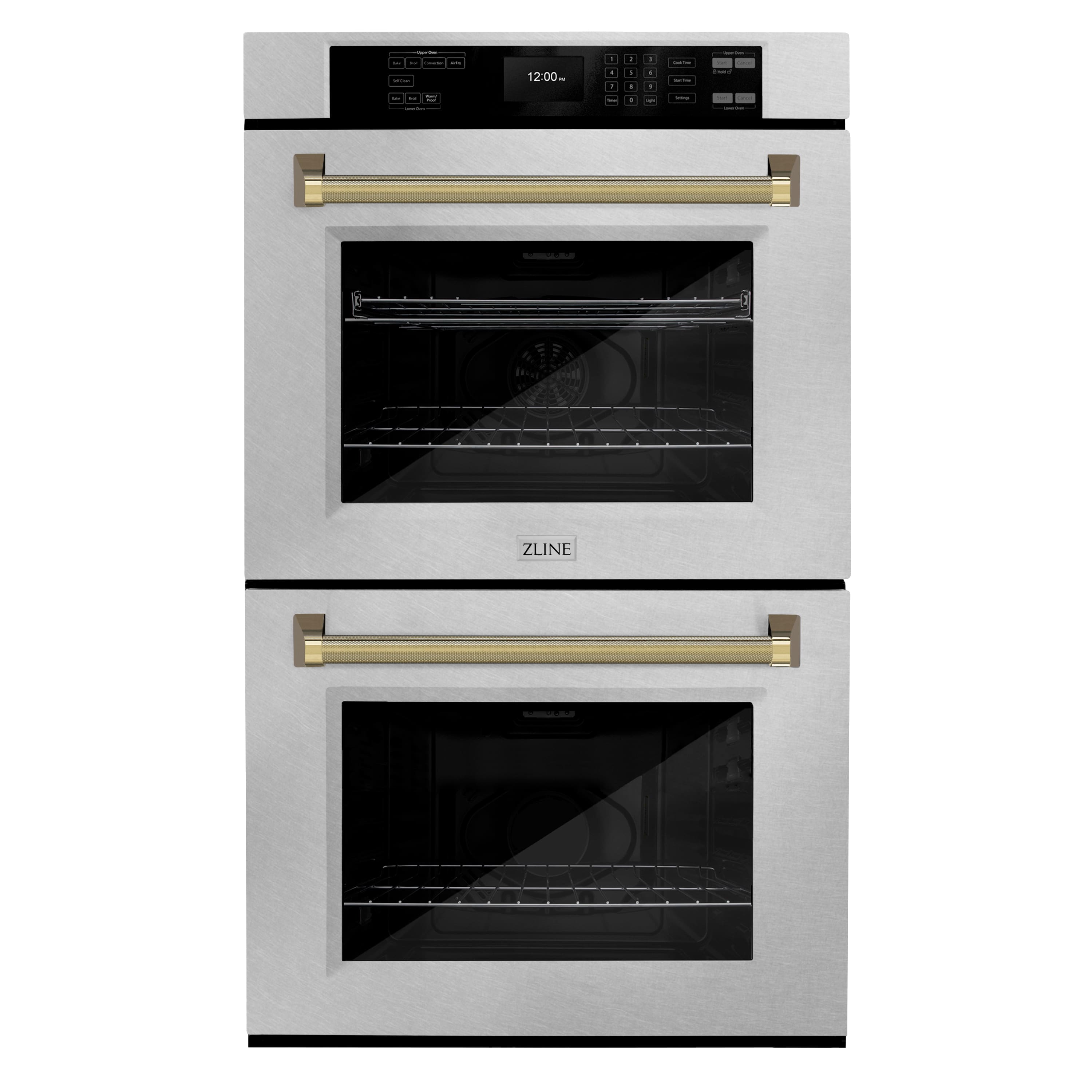 ZLINE - Autograph 30 in. True Convection Double Wall Oven in Satin Steel with Gold Helix Handles (WADSZ-30-KG) - Satin Stainless Steel