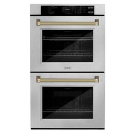 ZLINE - Autograph 30 in. True Convection Double Wall Oven in Satin Steel with Gold Helix Handles (WADSZ-30-KG) - Satin Stainless Steel