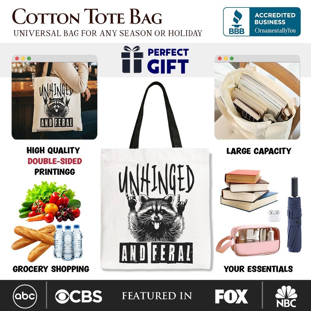 COTTON TOTE BAG  
UNIVERSAL BAG FOR ANY SEASON OR HOLIDAY  

ACCREDITED BUSINESS  
BBB  
OrnamentallyYou  

PERFECT GIFT  

HIGH QUALITY  
DOUBLE-SIDED PRINTING  

LARGE CAPACITY  

GROCERY SHOPPING AND YOUR ESSENTIALS  

FEATURED IN  
abc  
CBS  
FOX  
NBC