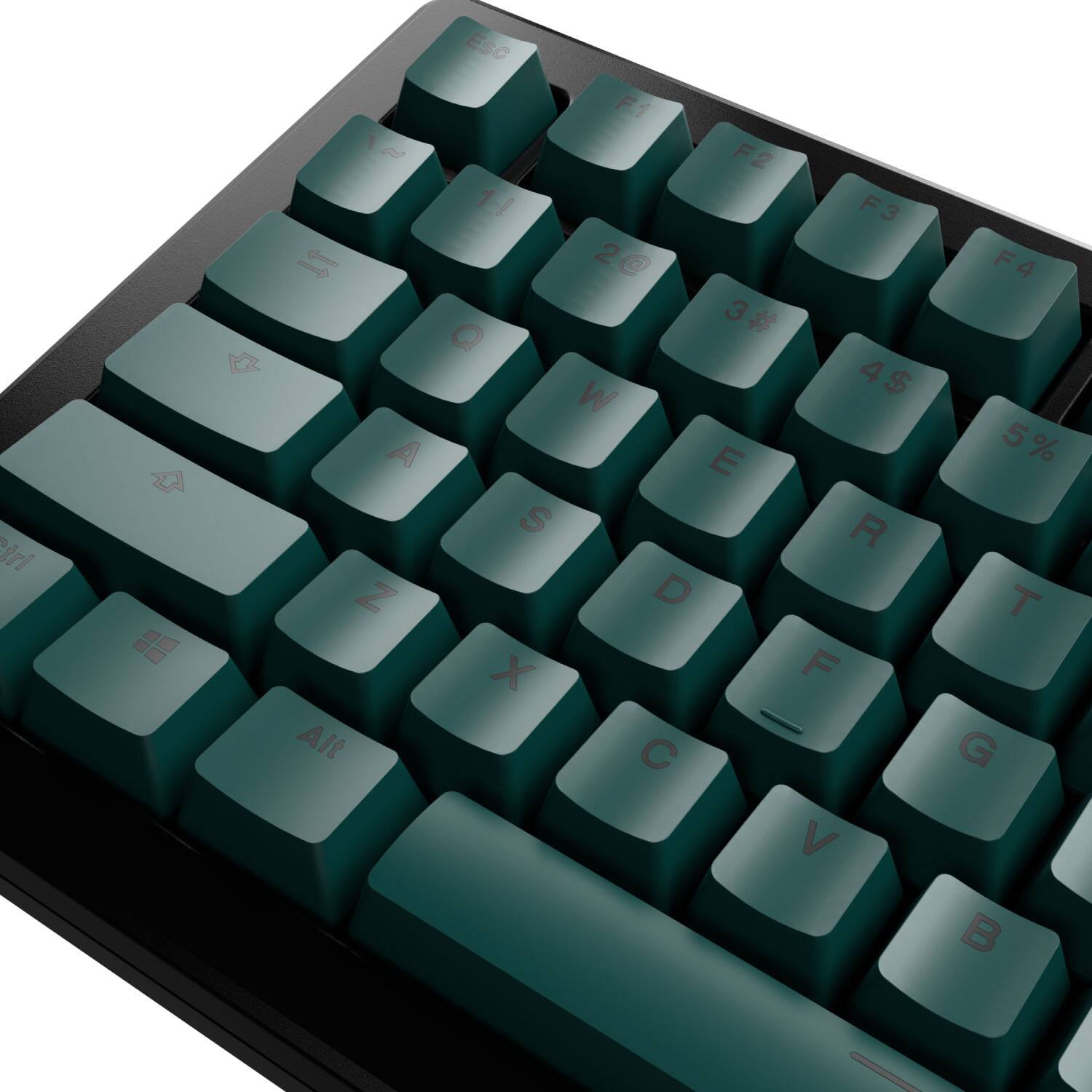 The image shows a close-up of a green computer keyboard. The keys include the numbers 1, 2, 3, 4, 5, 6, 7, 8, 9, 0, and the letters A, B, C, D, E, F, G, H, J, K, L, M, N, O, P, Q, R, S, T, U, V, W, X, Y, and Z. The keyboard also has a space bar and a few function keys, such as Esc, F1, F2, F3, F4, F5, F6, F7, F8, F9, F10, F11, F12, and Alt.