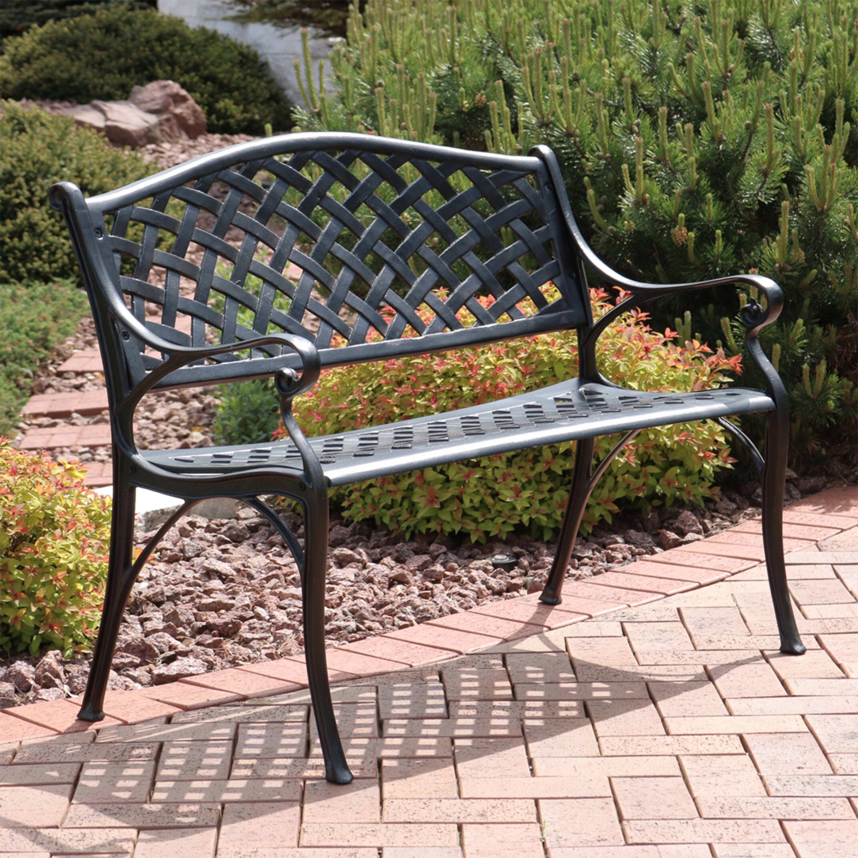 Alt View 3. Sunnydaze - 2-Person Checkered Cast Aluminum Outdoor Garden Bench - Black.