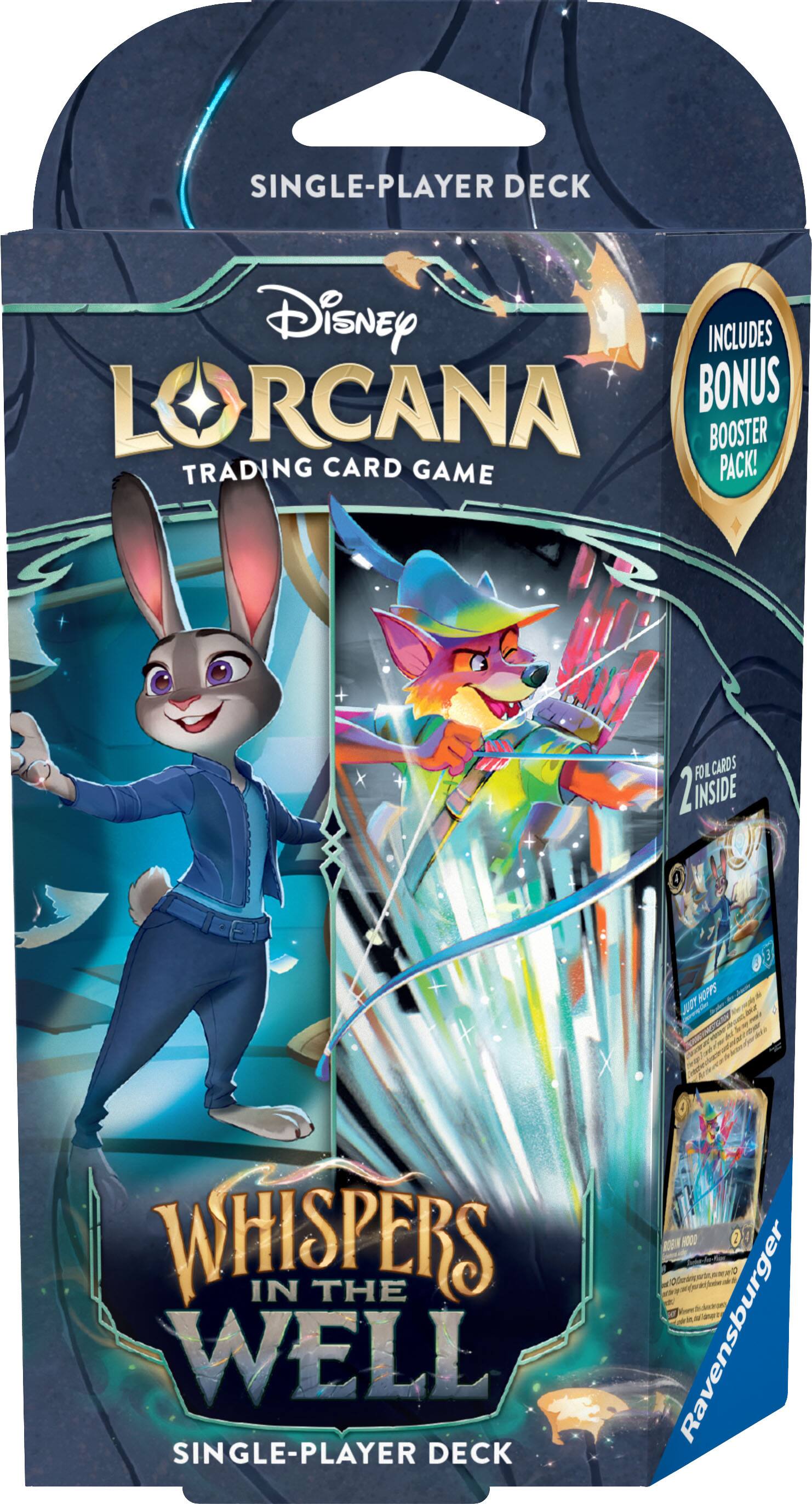 SINGLE-PLAYER DECK  
Disney LORCANA  
TRADING CARD GAME  

WHISPERS IN THE WELL  
SINGLE-PLAYER DECK  

INCLUDES BONUS BOOSTER PACK!  
2 CARDS INSIDE  

Ravensburger
