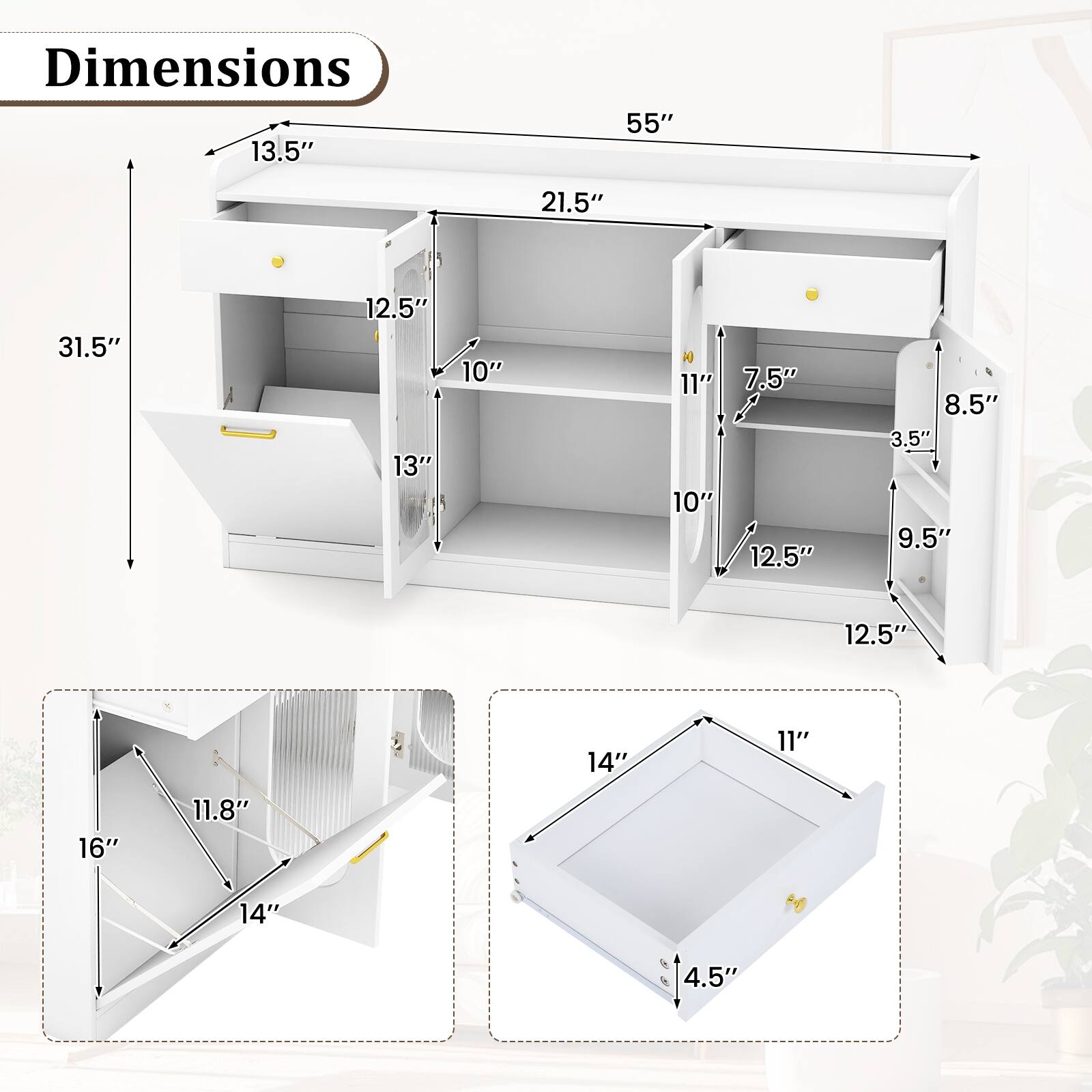 Dimensions

- 55" (width)
- 21.5" (depth)
- 31.5" (height)
- 13.5" (top shelf width)
- 12.5" (top shelf depth)
- 10" (top shelf height)
- 13" (middle shelf width)
- 10" (middle shelf depth)
- 7.5" (middle shelf height)
- 8.5" (bottom shelf width)
- 3.5" (bottom shelf depth)
- 9.5" (bottom shelf height)
- 12.5" (side shelf width)
- 12.5" (side shelf depth)
- 14" (side shelf height)
- 16" (drawer width)
- 11.8" (drawer depth)
- 14" (drawer height)
- 14" (tray width)
- 11" (tray depth)
- 4.5" (tray height)