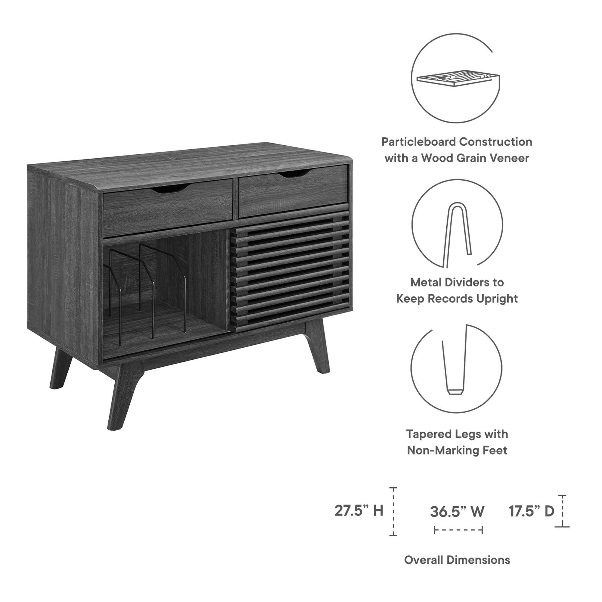 - Particleboard Construction with a Wood Grain Veneer
- Metal Dividers to Keep Records Upright
- Tapered Legs with Non-Marking Feet
- Overall Dimensions: 27.5" H x 36.5" W x 17.5" D