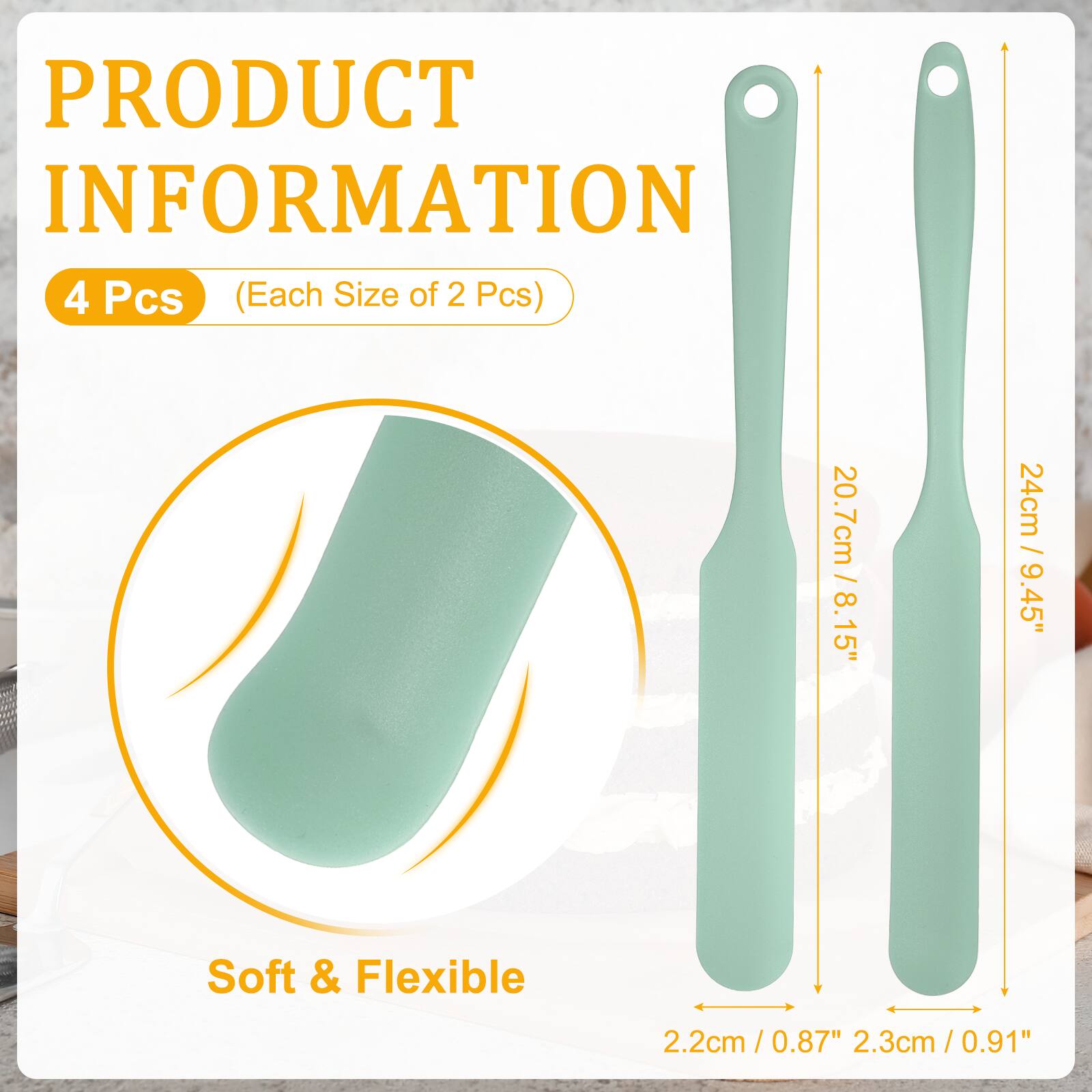 PRODUCT INFORMATION

4 Pcs (Each Size of 2 Pcs)

20.7cm / 8.15"
24cm / 9.45"

Soft & Flexible

2.2cm / 0.87"
2.3cm / 0.91"
