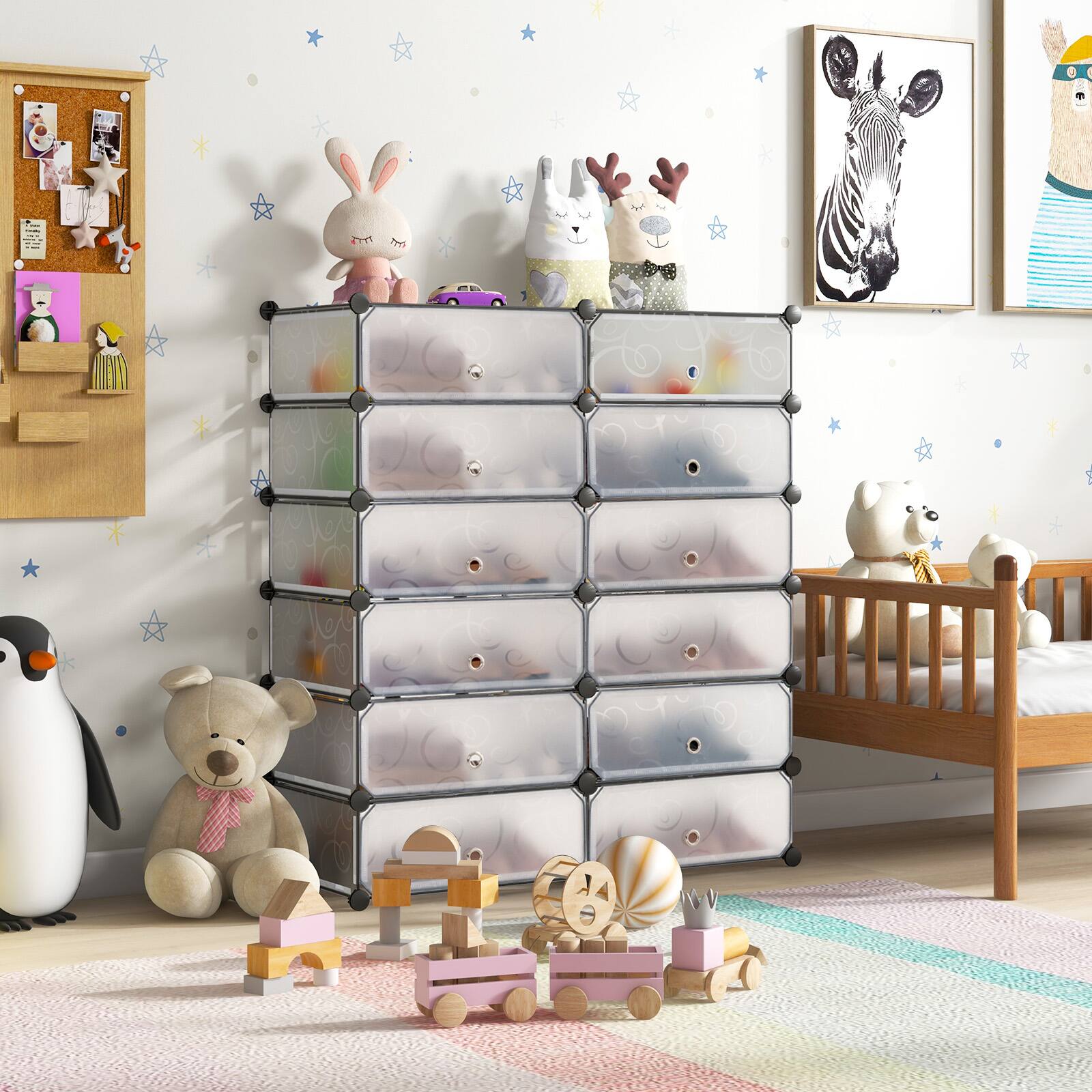 Angle. Sugift - 12-Cube DIY Portable Plastic Shoe Rack with Doors - White.