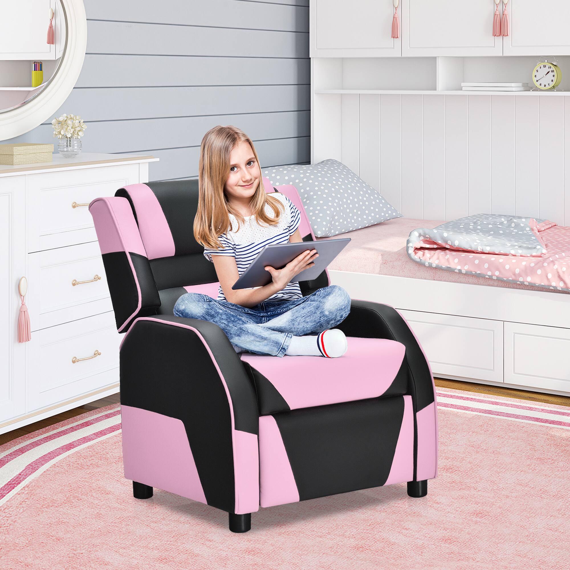 Alt View 3. Gymax - Gymax Gaming Recliner Sofa PU Leather Armchair for Kids Youth w/ Footrest Pink - Pink.