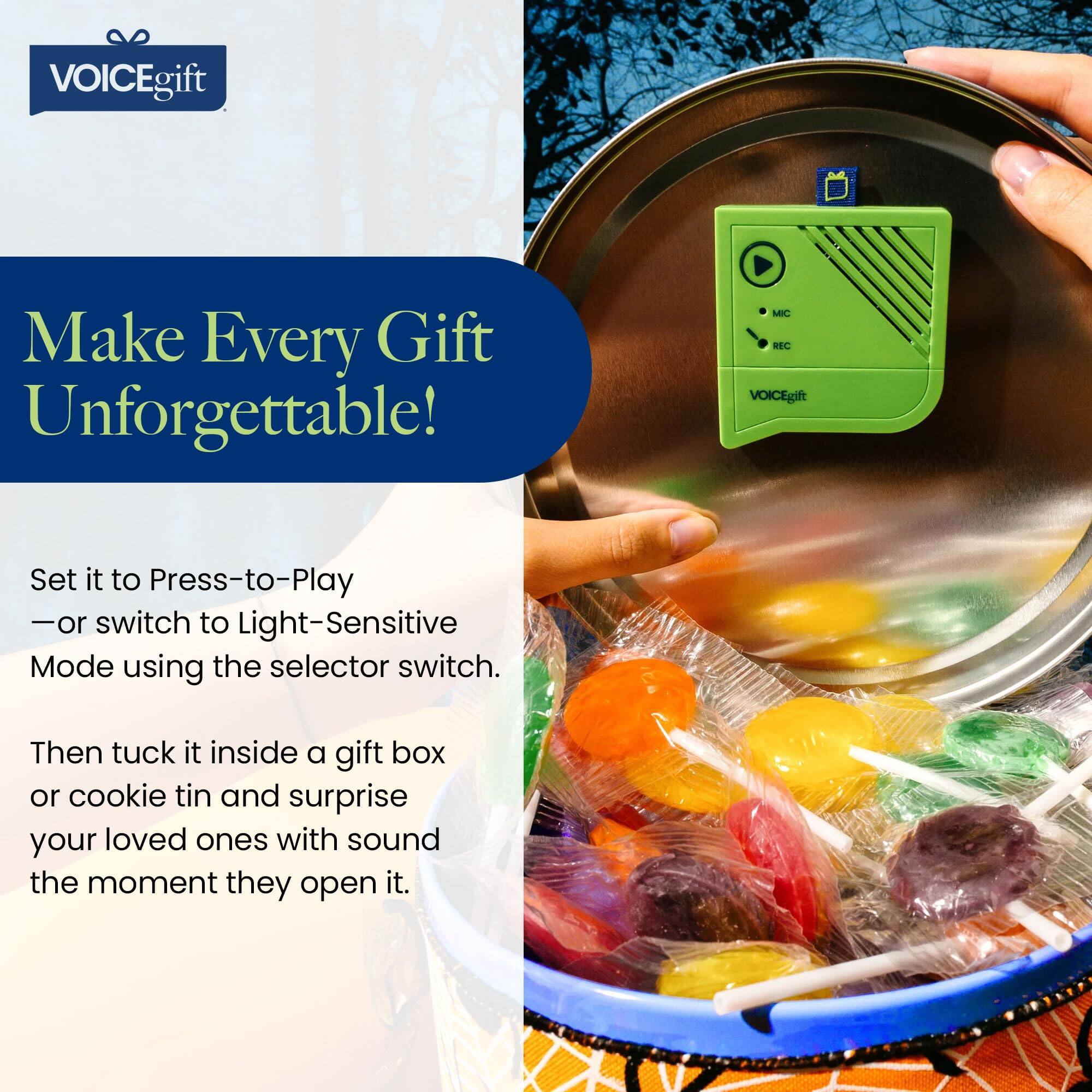 VOICEgift  
Make Every Gift Unforgettable!  

Set it to Press-to-Play or switch to Light-Sensitive Mode using the selector switch. Then tuck it inside a gift box or cookie tin and surprise your loved ones with sound the moment they open it.