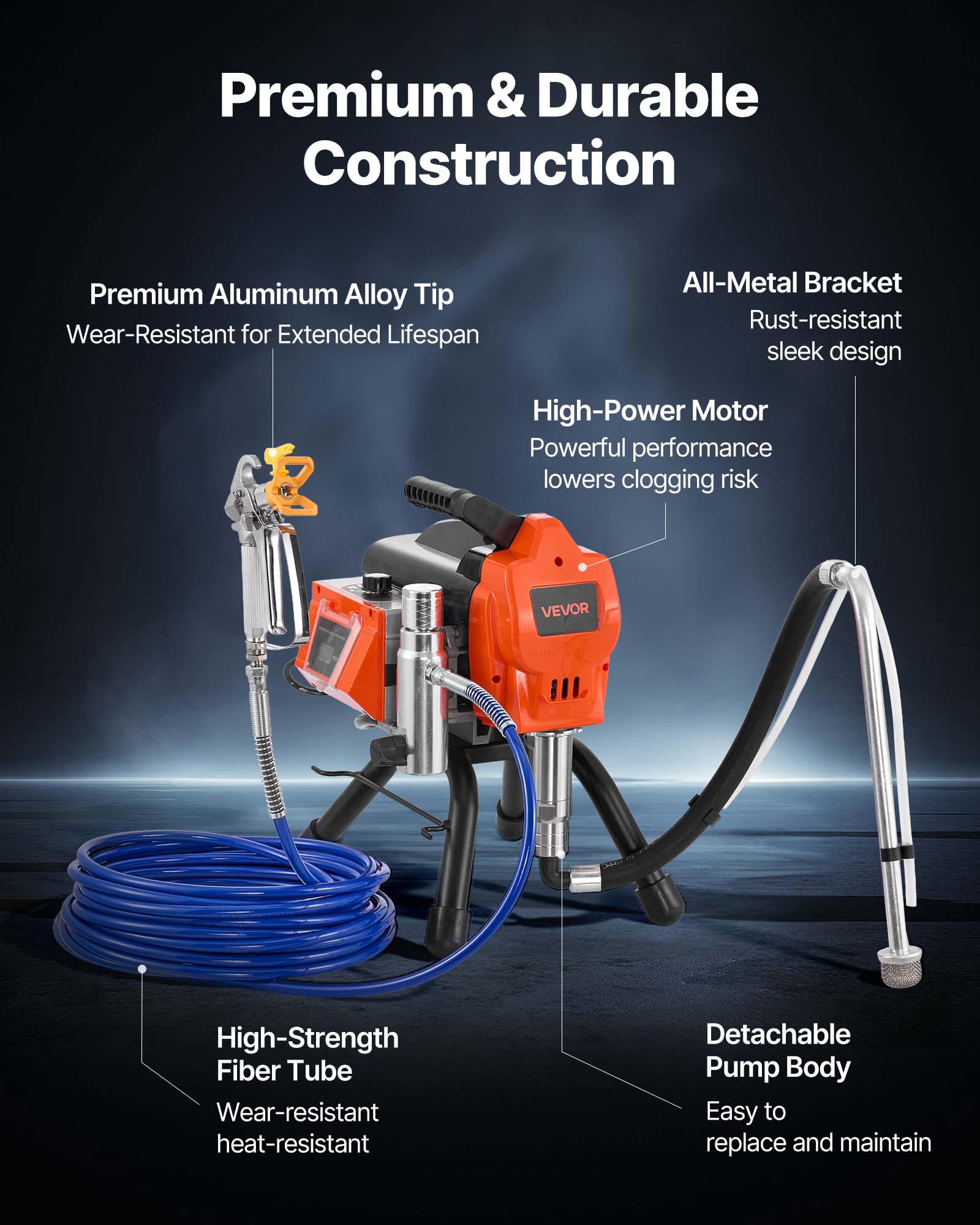 Premium & Durable Construction

Premium Aluminum Alloy Tip
Wear-Resistant for Extended Lifespan

All-Metal Bracket
Rust-resistant sleek design

High-Power Motor
Powerful performance lowers clogging risk

High-Strength Fiber Tube
Wear-resistant heat-resistant

Detachable Pump Body
Easy to replace and maintain