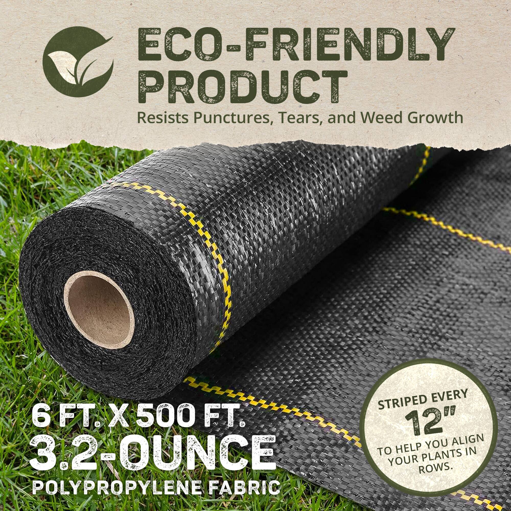 ECO-FRIENDLY PRODUCT  
Resists Punctures, Tears, and Weed Growth  

6 FT. X 500 FT.  
3.2-OUNCE POLYPROPYLENE FABRIC  

STRIPED EVERY 12"  
TO HELP YOU ALIGN YOUR PLANTS IN ROWS.