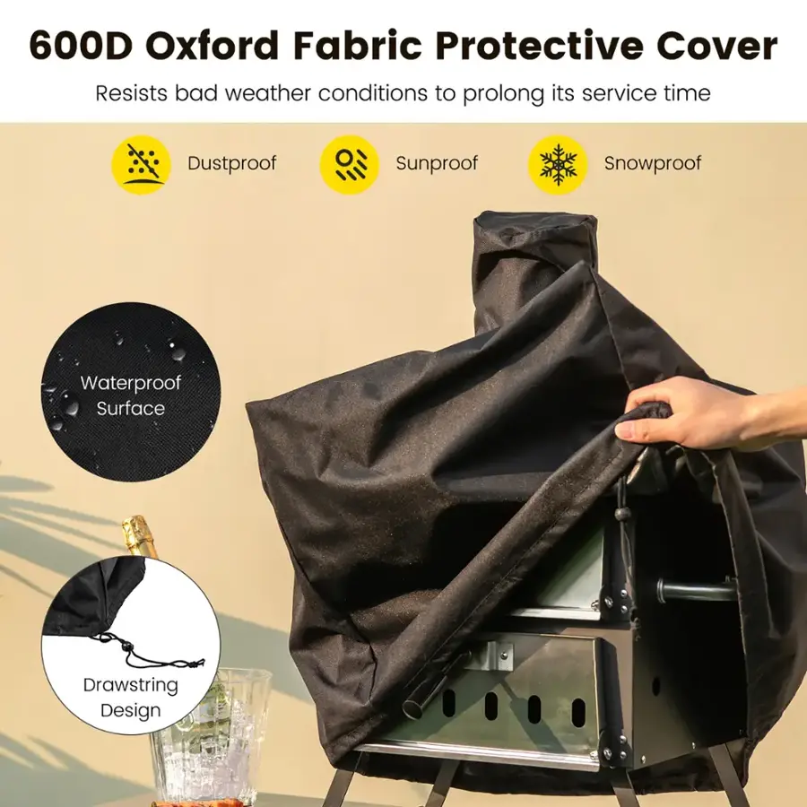 The image features a 600D Oxford Fabric Protective Cover that resists bad weather conditions to prolong its service time. The cover is designed with dustproof, sunproof, snowproof, and waterproof features to provide protection from various elements. Additionally, the cover has a drawstring design for easy use and storage.