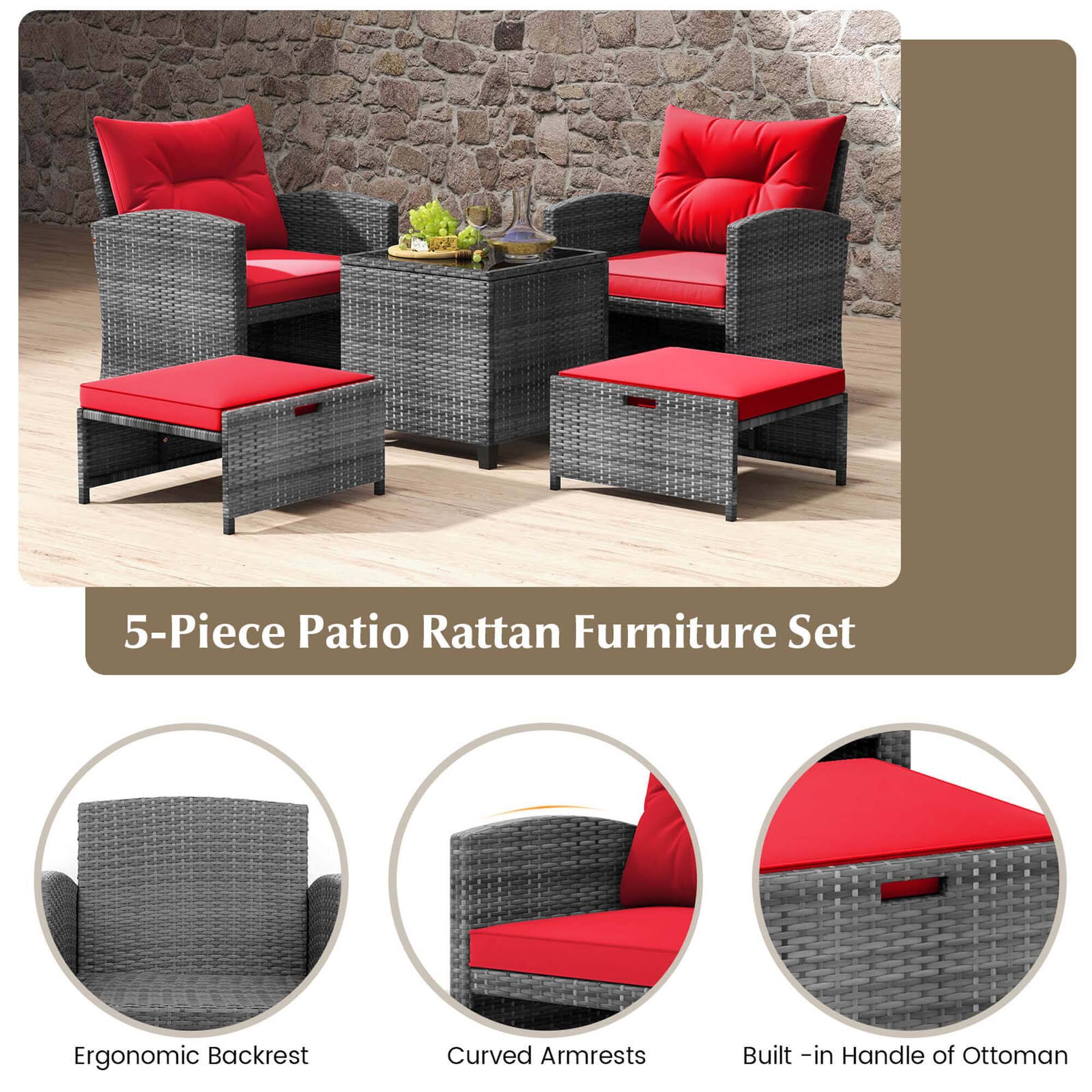5-Piece Patio Rattan Furniture Set

Ergonomic Backrest
Curved Armrests
Built-in Handle of Ottoman