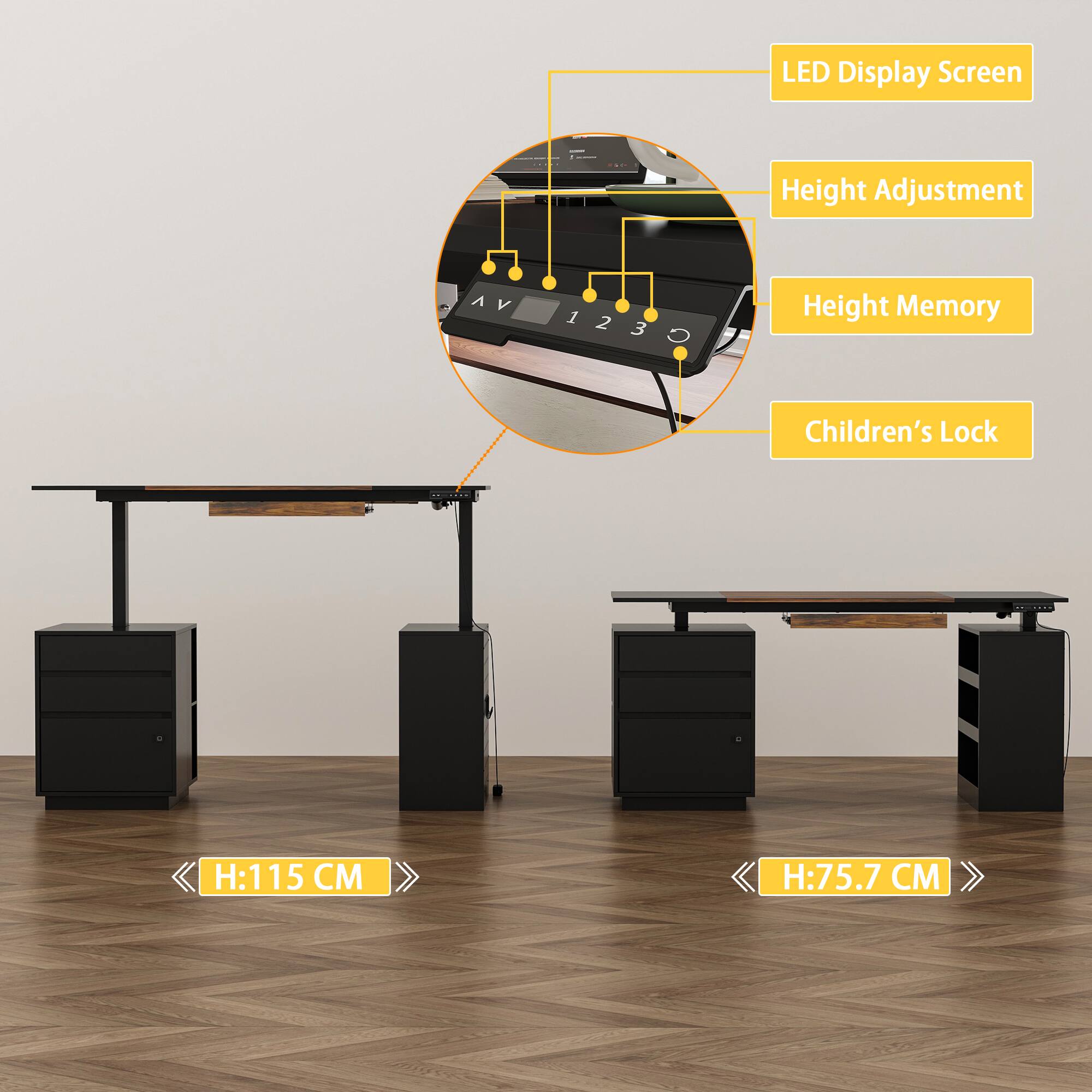 LED Display Screen  
Height Adjustment  
Height Memory  
Children's Lock  

H: 115 CM  
H: 75.7 CM
