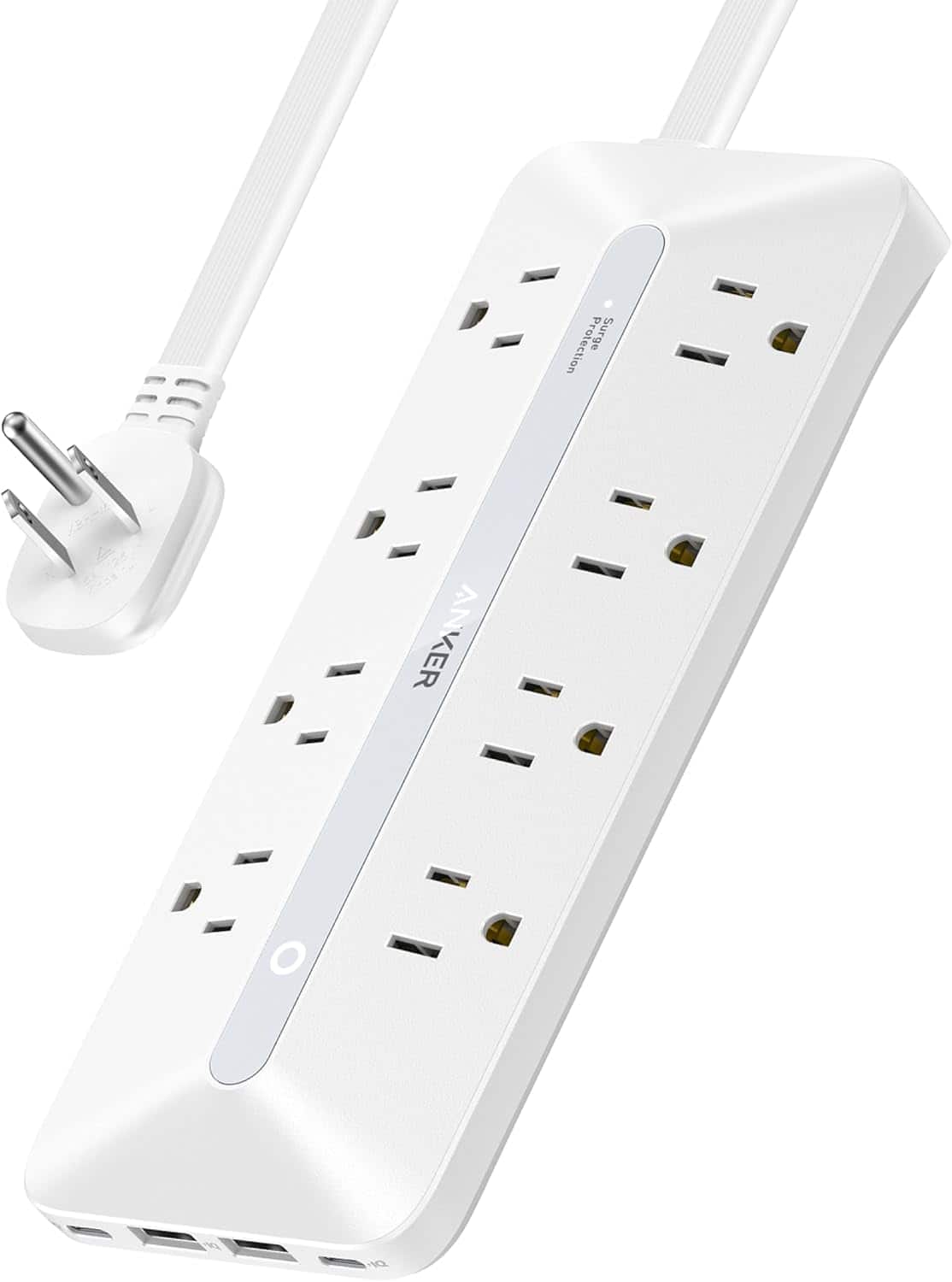 FINEAK - 2-in-1 Flat Plug Power Strip-35W USB-C Fast Charging & Surge Protection - White