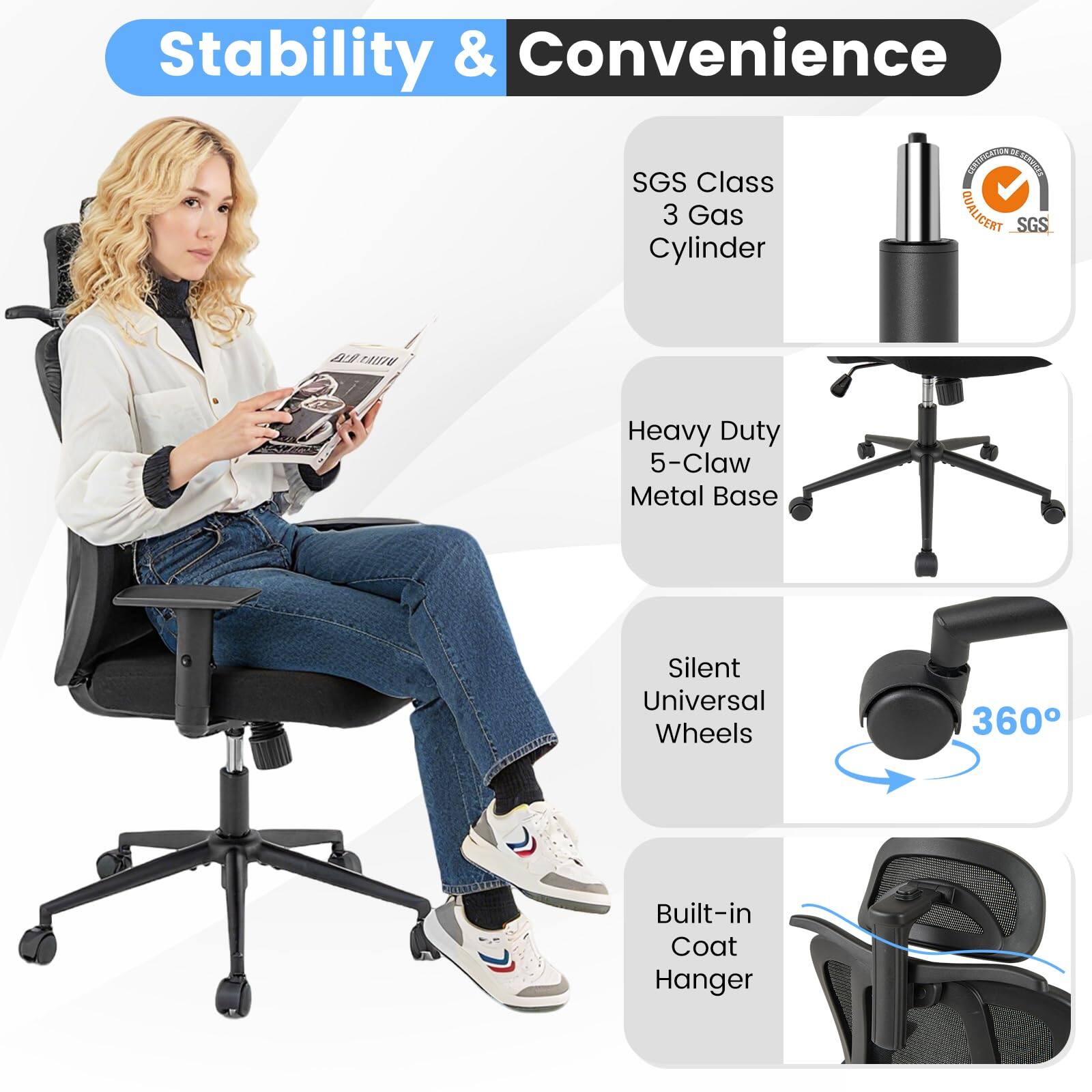 Stability & Convenience

- SGS Class 3 Gas Cylinder
- Heavy Duty 5-Claw Metal Base
- Silent Universal Wheels 360°
- Built-in Coat Hanger