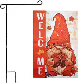 G128 - 36x16IN Garden Flag Stand & 12x18 Welcome Fall Gnome Flag Kit - Black