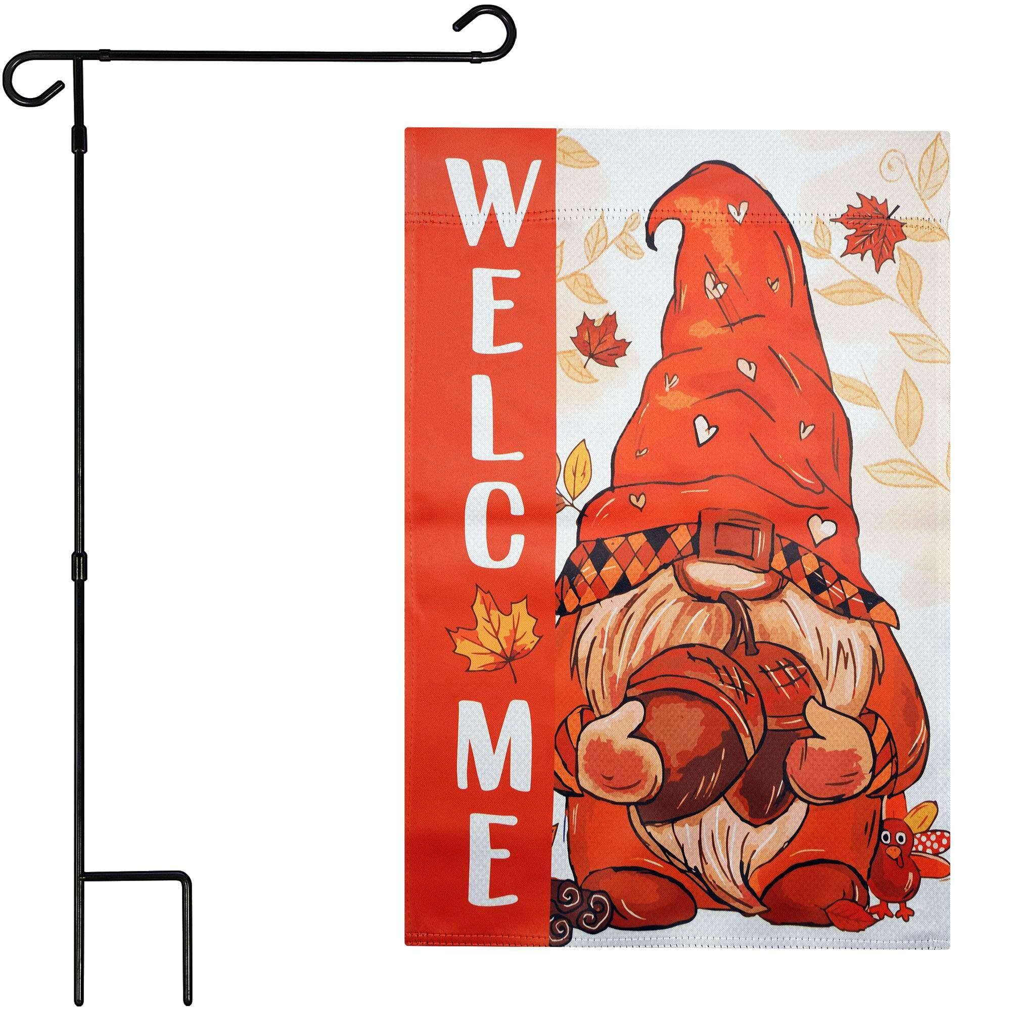 Front. G128 - G128 36x16IN Garden Flag Stand & 12x18 Welcome Fall Gnome Flag Kit - Black.