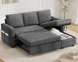 Dyonery - 81" Sleeper Sofa Bed with Pull Out Bed, Sectional L-Shaped Sleeper Sofa with Reversible Storage Chaise - Gray