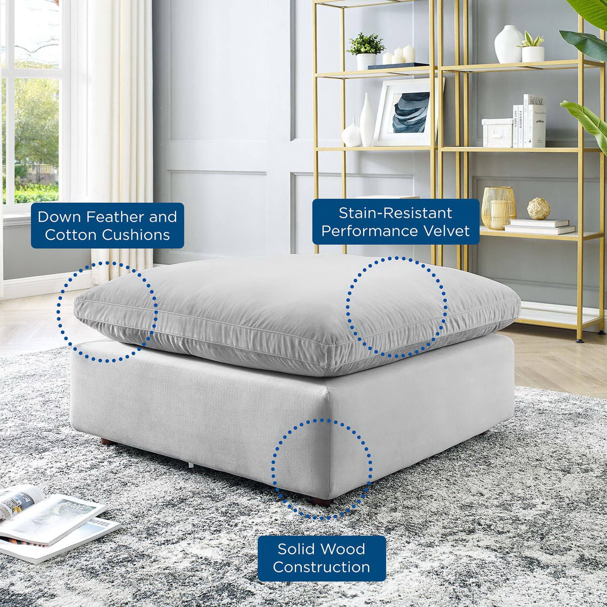 - Down Feather and Cotton Cushions
- Stain-Resistant Performance Velvet
- Solid Wood Construction