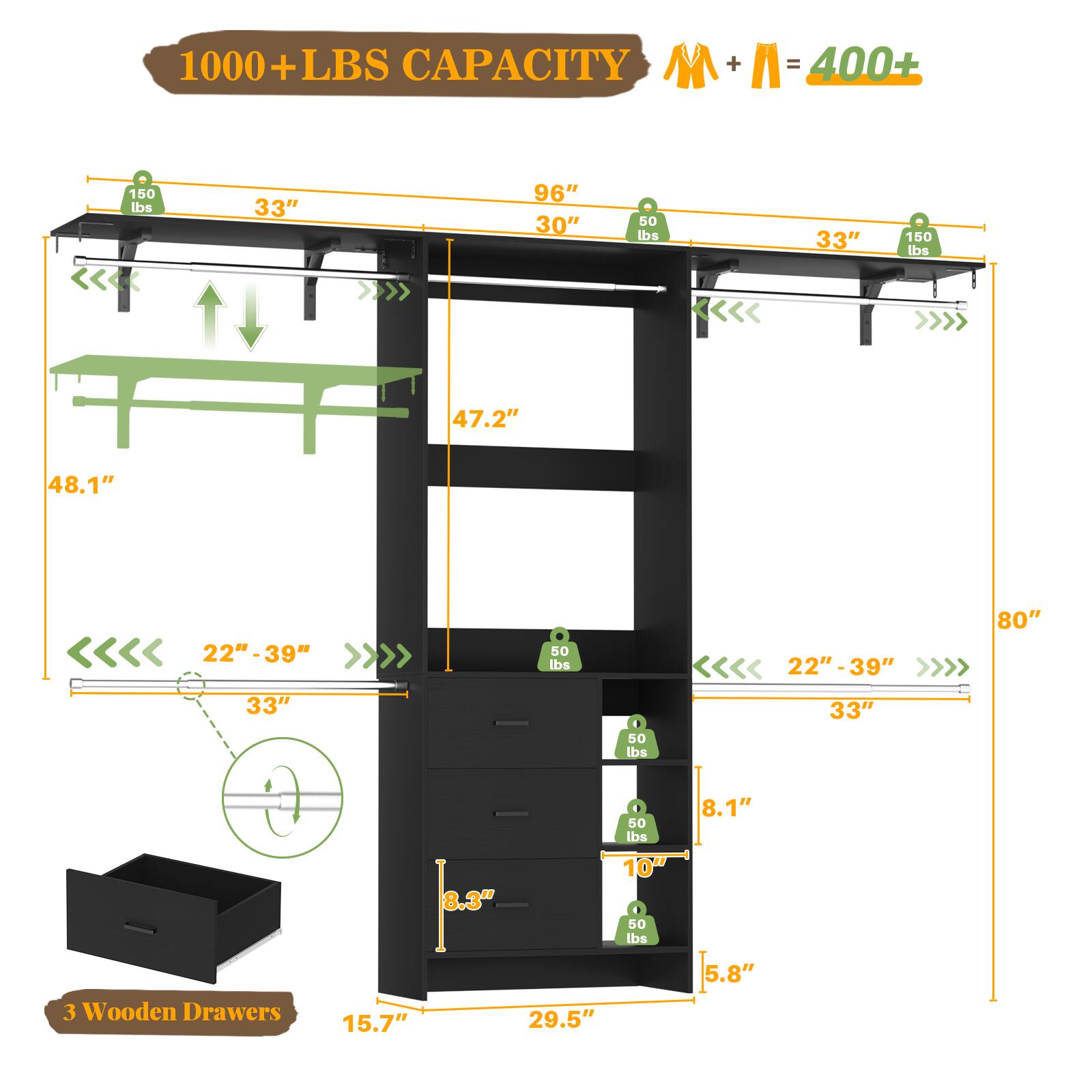1000+ LBS CAPACITY  
M + A = 400+  

150 lbs 33" 96" 30" 150 lbs 33" 47.2" 48.1" 22"-39" 50 lbs 33" 22"-39" 80" 33" 50 lbs 8.3" 50 lbs 10" 50 lbs 8.1" 3 Wooden Drawers 15.7" 29.5" 5.8"